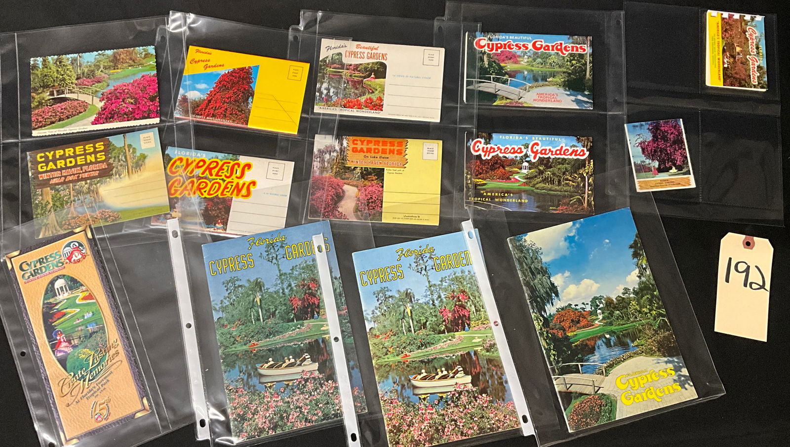 Cypress Gardens and Bok Tower Florida Tourism Ephemera Collection, c. 1940s-1950s: This collection features 14 printed souvenir postcards and cards, a 15th-anniversary brochure, and a miniature booklet from Cypress Gardens in Winter Haven and Bok Tower in Lake Wales, dating from the
