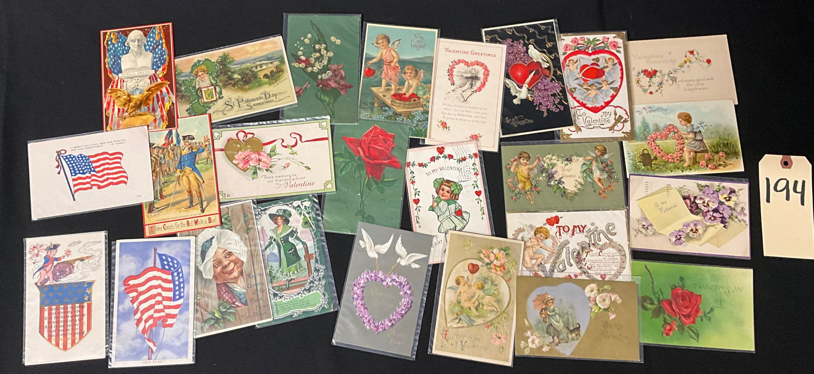 Patriotic and Holiday Postcard Collection, 1908-1917: This collection consists of 21 printed postcards from the Golden Age, featuring patriotic, Valentine's Day, and St. Patrick's Day themes. Notable publishers include Raphael Tuck and Sons and the Gibso