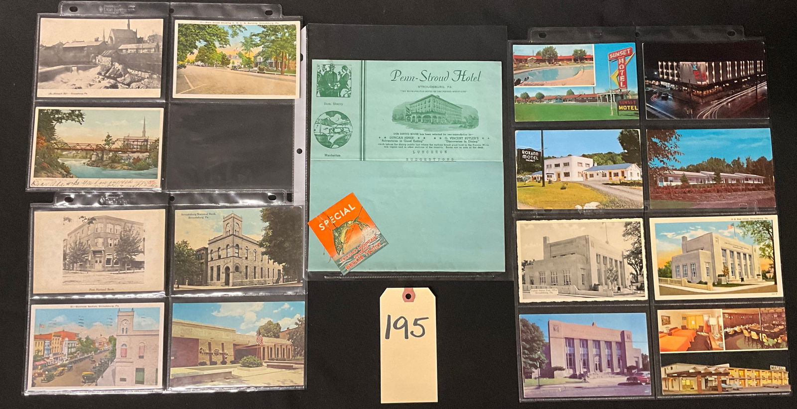 Stroudsburg and Pocono Mountains, PA, Vintage Postcard and Ephemera Collection, 1906�1970s: This collection features approximately 15 vintage printed postcards and hotel ephemera from Stroudsburg, Pennsylvania, including early 20th-century views and mid-century Chrome style motels. Notable