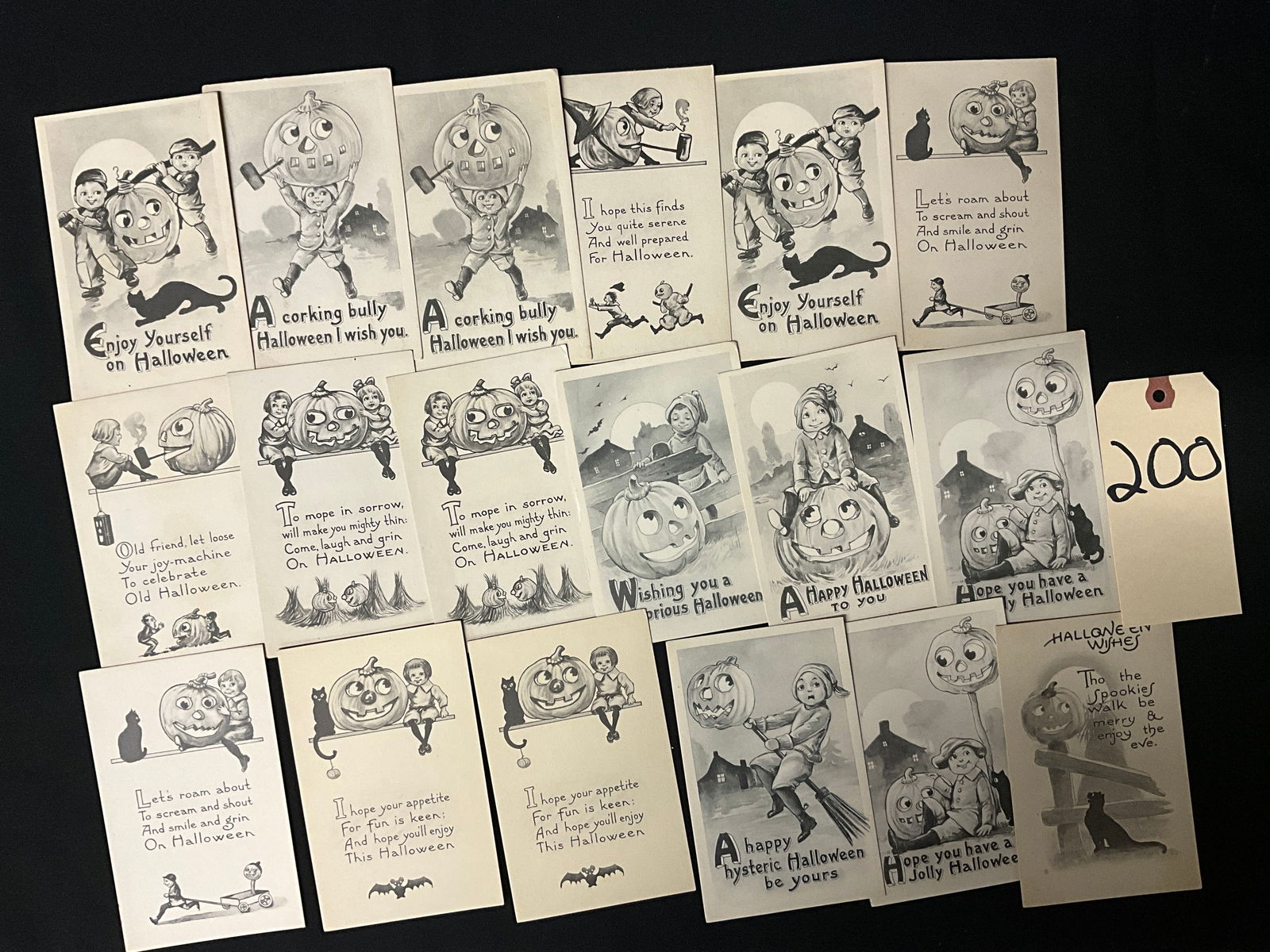 Halloween Jack-o-lantern Postcards, Set of 17, Circa 1910-1920: This collection consists of 17 printed monochrome postcards published by Bamforth and Co. during the Golden Age of postcards, circa 1910-1920. The illustrations feature whimsical Halloween motifs