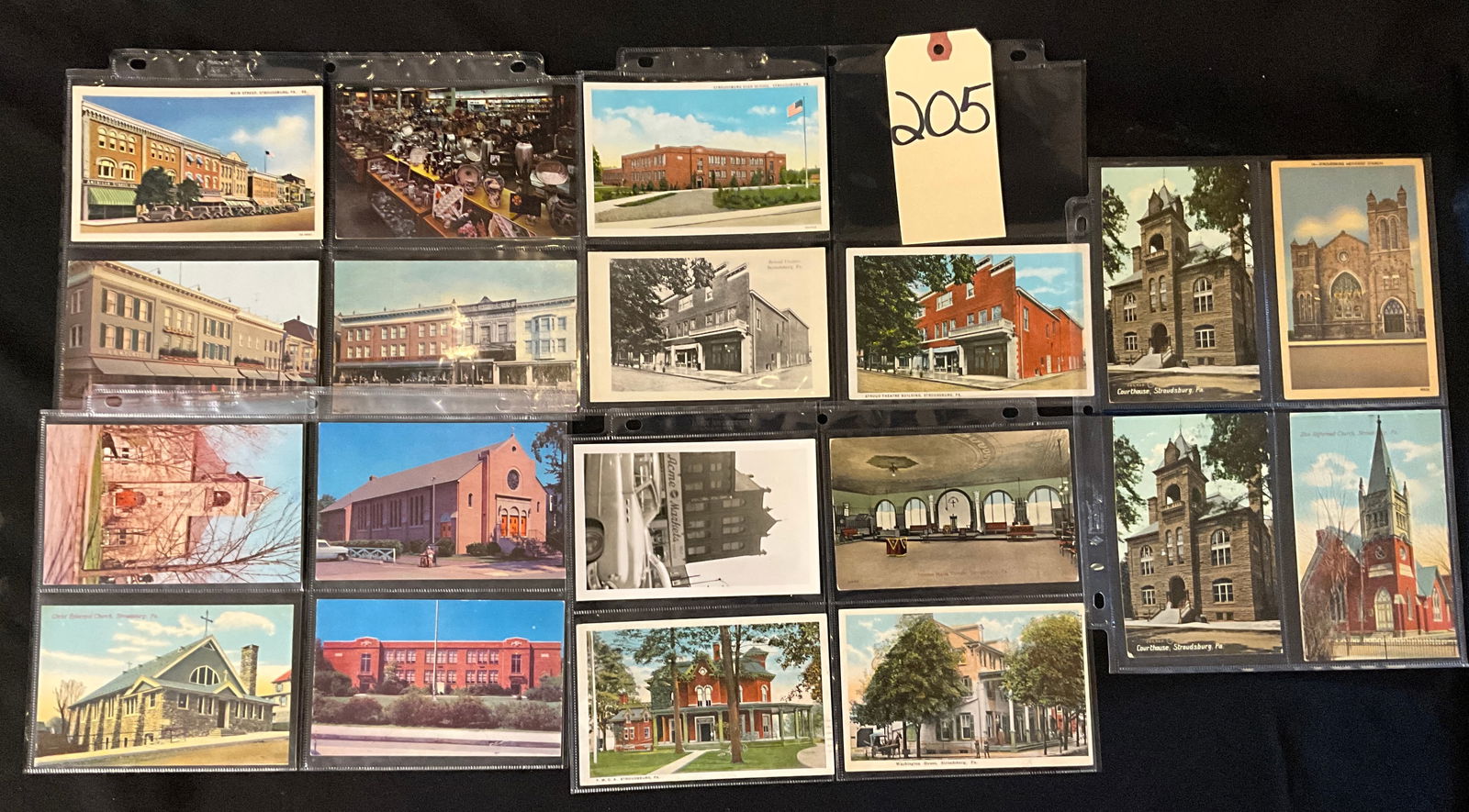 Vintage Postcards and Paper Ephemera, Stroudsburg, Pennsylvania, 1908-1959: This collection of 18 vintage postcards features Stroudsburg, Pennsylvania landmarks such as the Monroe County Courthouse, Stroud Theatre, and the Wyckoff-Sears Department Store. The set includes