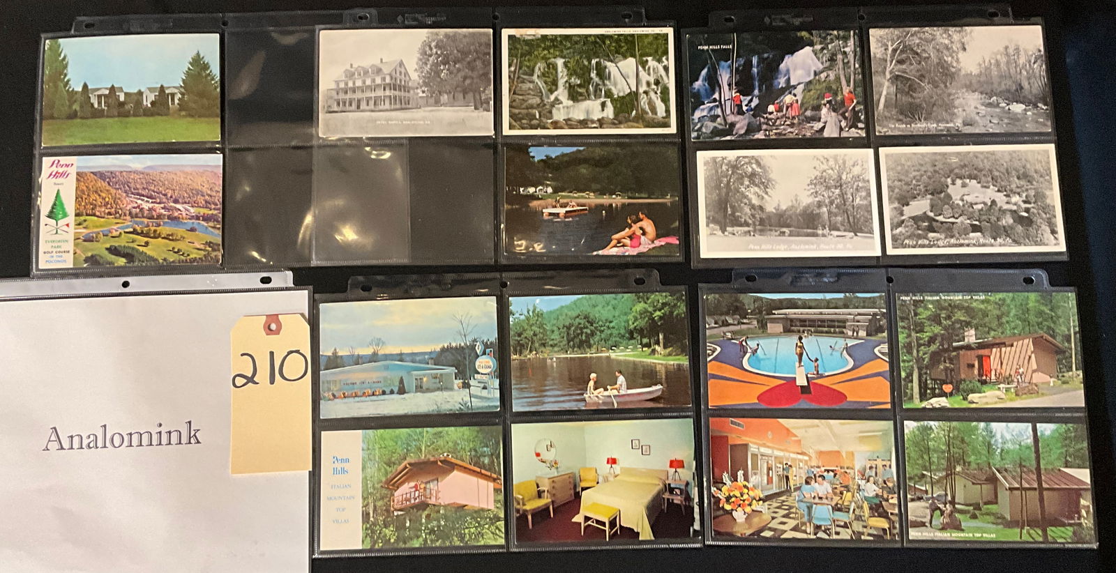 Analomink, Pennsylvania and Penn Hills Resort Vintage Postcard Collection, 1910s-1970s: This collection of approximately 16 vintage postcards features the mid-century honeymoon culture of Analomink, Pennsylvania, and the iconic Penn Hills Resort. Included are early black-and-white views