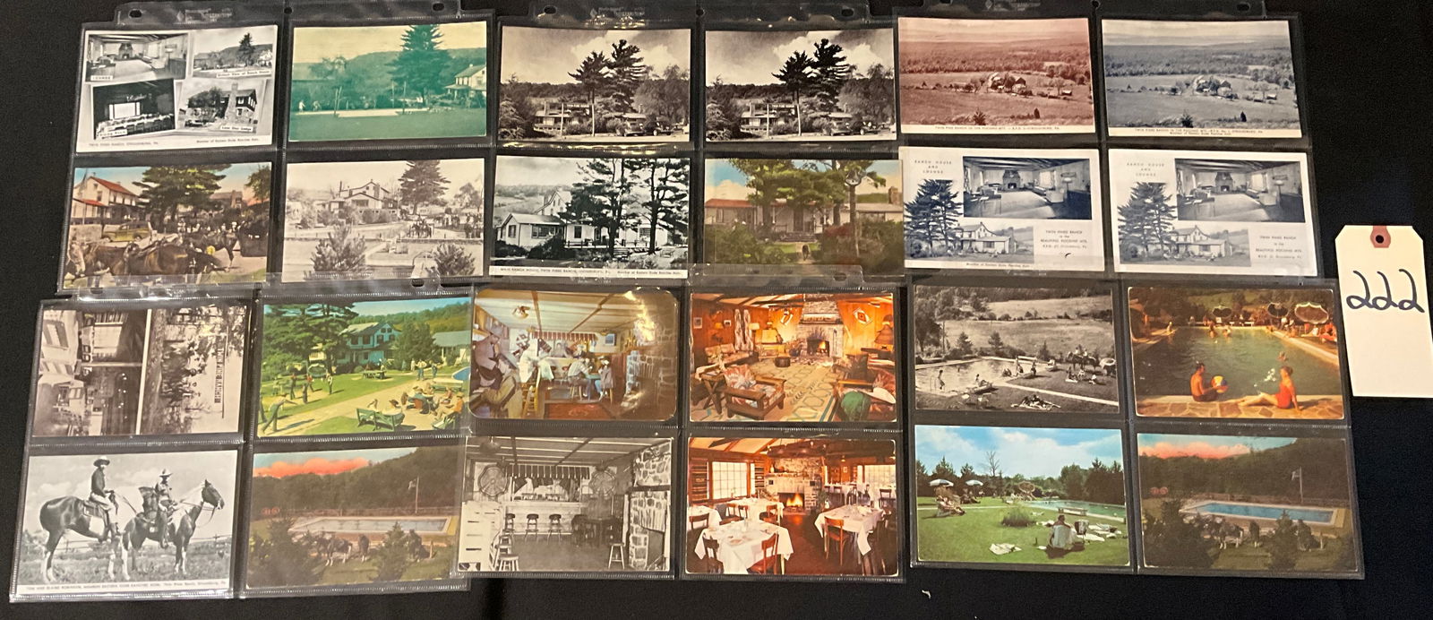 Twin Pine Ranch Stroudsburg Pennsylvania Postcard Collection, 1940s-1950s: This collection features approximately 20 vintage postcards documenting the Twin Pine Ranch dude ranch in Stroudsburg, Pennsylvania, dating from 1943 to 1950. The set includes a variety of printing st