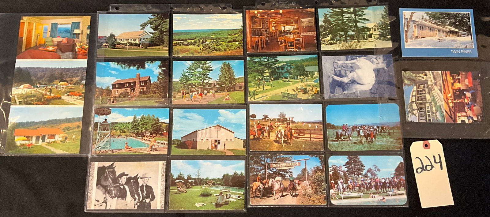 Twin Pines Pocono Mountains Resort Postcard Collection, 1940s-1970s: This collection consists of approximately 15 vintage postcards and one large multi-view souvenir card from Twin Pines Camp and Guest Ranch in Stroudsburg, Pennsylvania. The lot features a mix of print