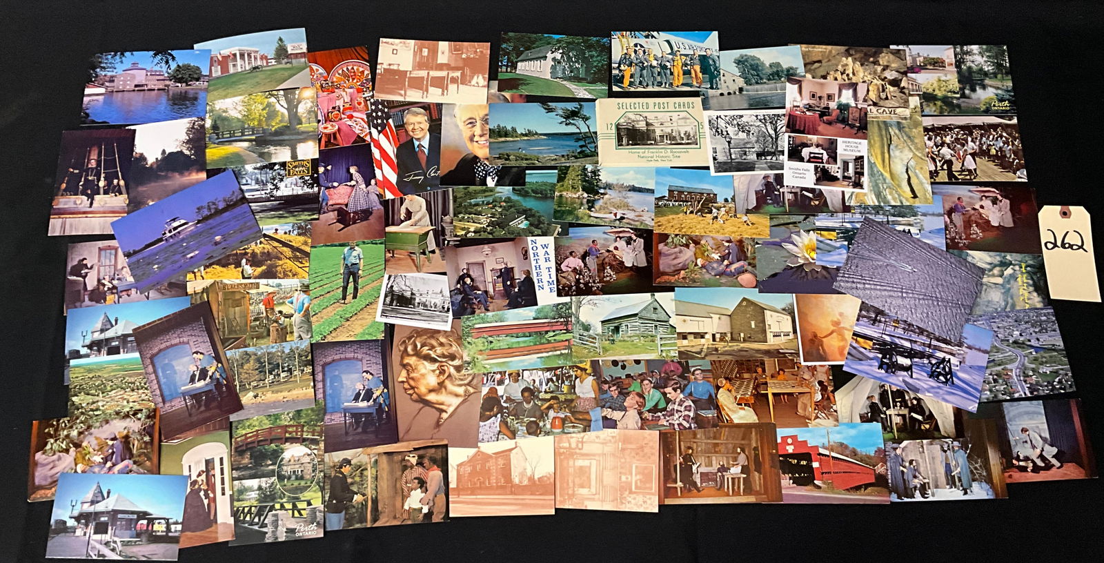 North American Landmarks and Historical Postcards, Lot of 60, c. 1960s-1980s: This collection consists of approximately 60 printed chrome era postcards, primarily unused, documenting North American history and geography. Featured locations include Perth, Ontario (Matheson House