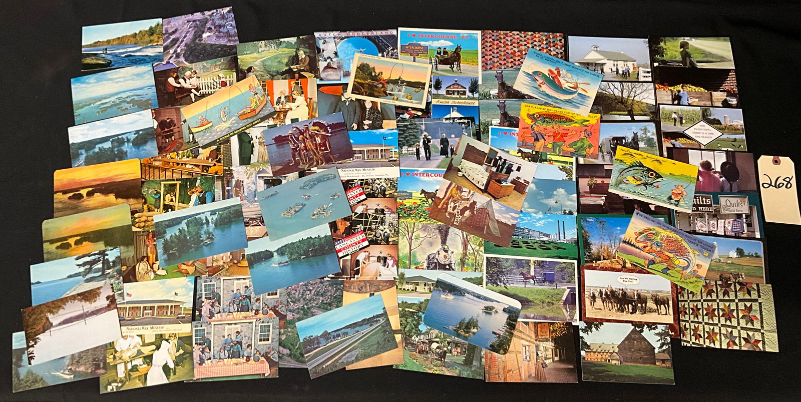 Lancaster County and Regional Travel Postcard Collection, 1950s-Modern: This collection features approximately 60-70 vintage and modern postcards, primarily printed in the chrome and linen styles. Significant focus is placed on Lancaster County, Pennsylvania, showcasing