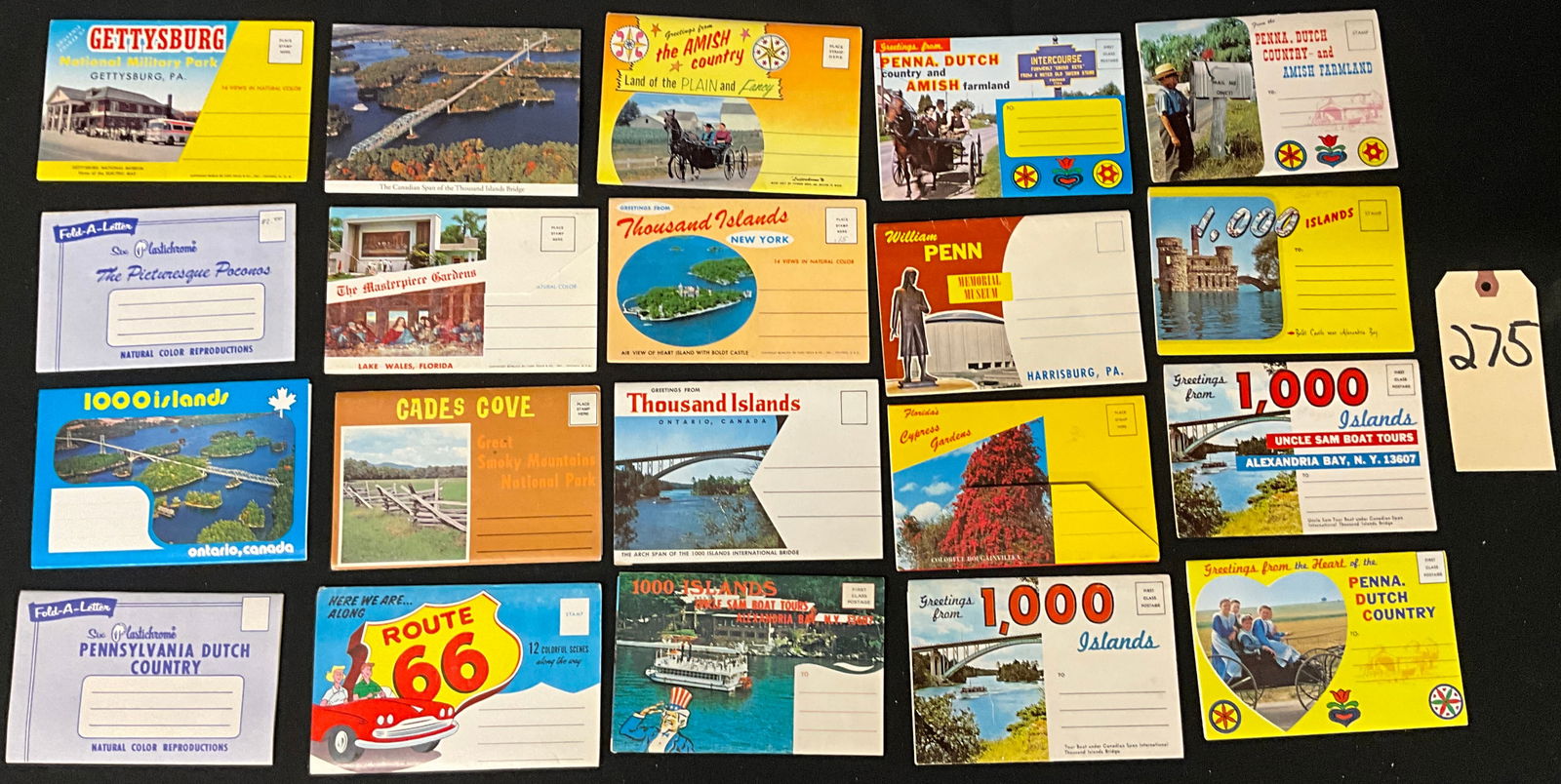 Mid-Century Souvenir Travel Folders and Ephemera Collection, 1940s-1960s: This collection includes approximately 18 vintage souvenir postcard folders and Fold-A-Letter illustrated stationery dating from the 1940s to the 1960s. The printed multi-view items feature North Amer