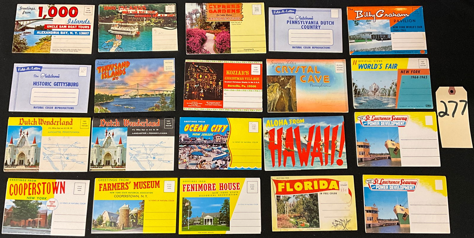Mid-Century American Travel, Souvenir Postcard Folders, c. 1955-1970: This collection features 19 vintage concertina-style souvenir folders containing printed color views from the mid-20th century, mostly unposted. Locations include the 1964-1965 New York World's Fair (