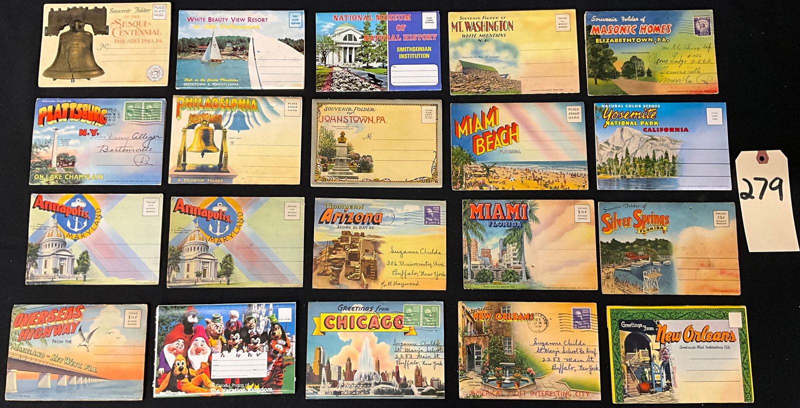 Collection of 20 Vintage Souvenir Postcard Folders and Postcards, c. 1920s-1970s: This collection consists of 20 vintage accordion-fold souvenir mailing folders and printed postcards documenting mid-century American tourism. Featured locations include Philadelphia, Johnstown, and E