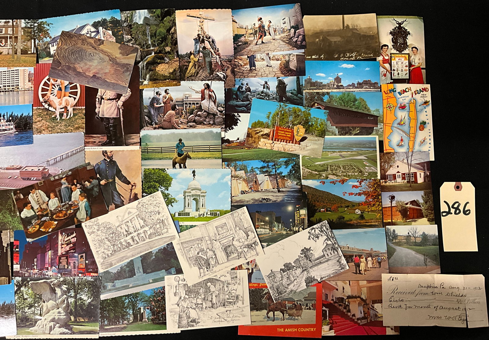 Vintage US Travel and History Postcard Collection with 1912 Receipt, c. 1912-1970s - 2