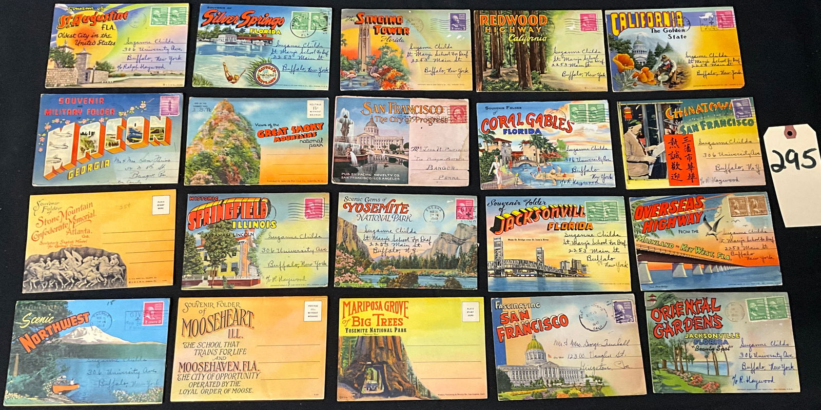 Vintage Linen Travel Postcards and Souvenir Folders, Collection of 20, 1943-1949: This collection of 20 printed linen-texture postcards and souvenir folders documents 1940s tourism in Florida, California, Georgia, Illinois, the Great Smoky Mountains, and the Scenic Northwest. Featu