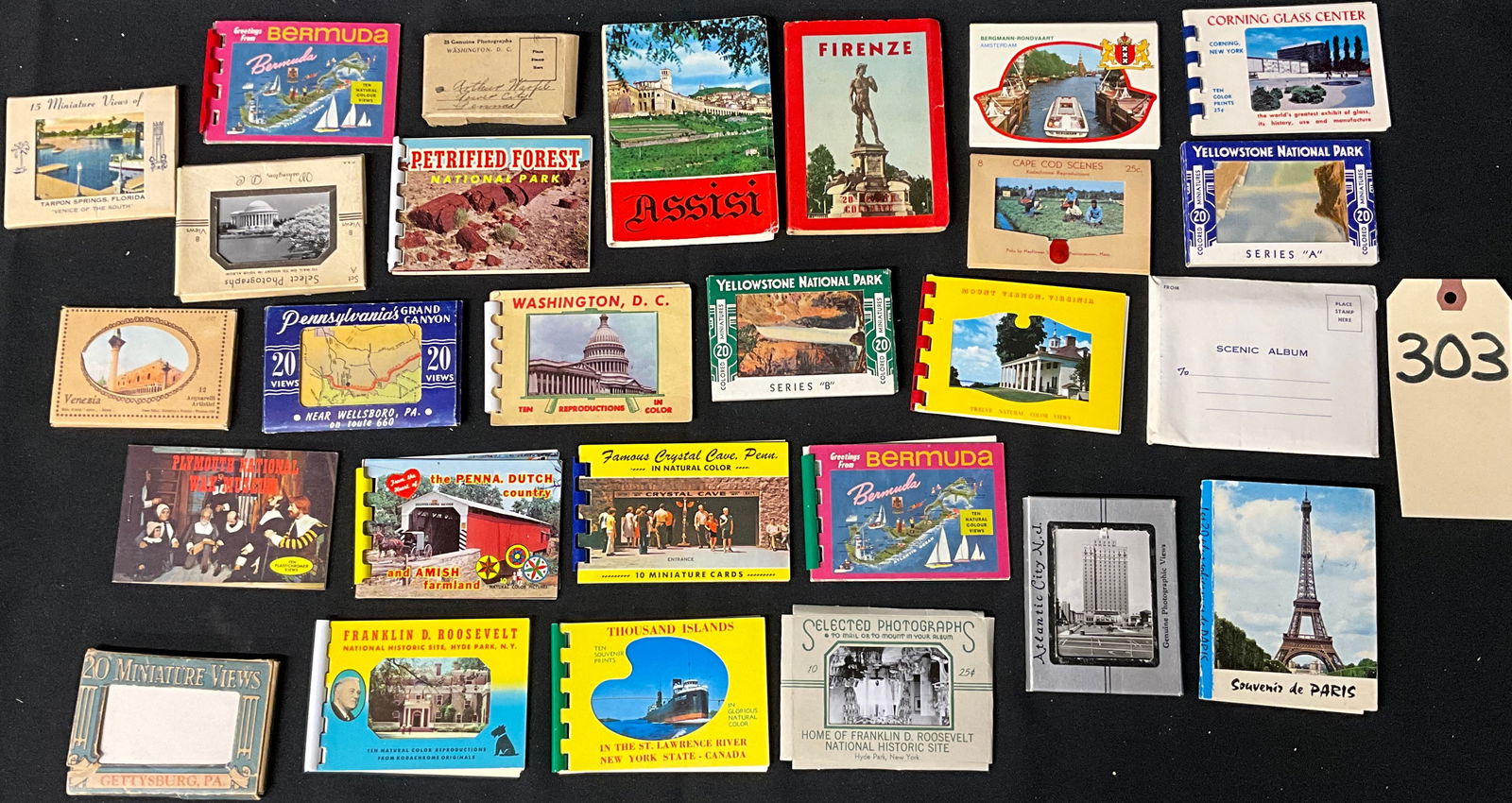 Mid-Century Travel Souvenir Booklets and Ephemera Collection, Circa 1940s-1960s: This collection of souvenir photo booklets and postcard folders documents mid-century tourism across the United States and Europe. Featured locations include Washington D.C., Yellowstone, Gettysburg,