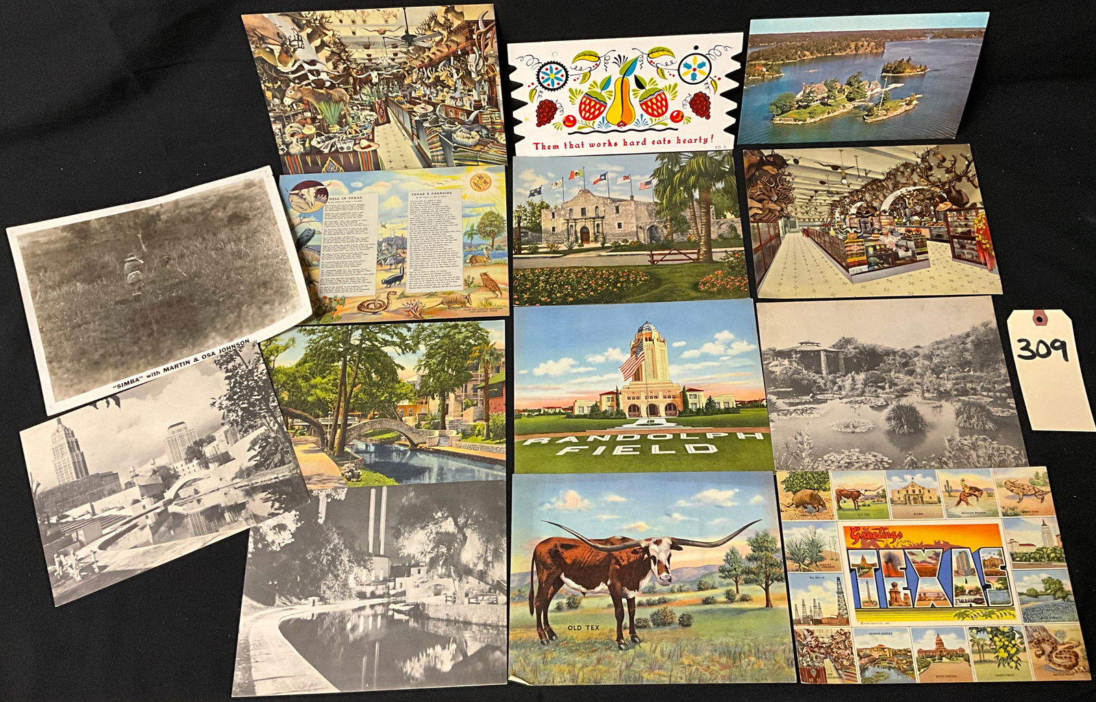 San Antonio Texas and Tourism Ephemera Collection, 1945: This collection includes 13 pieces of vintage ephemera, primarily featuring 10 oversized Jumbo and Giant printed postcards of San Antonio, Texas, dated March 16, 1945. Published by Curt Teich and Co.