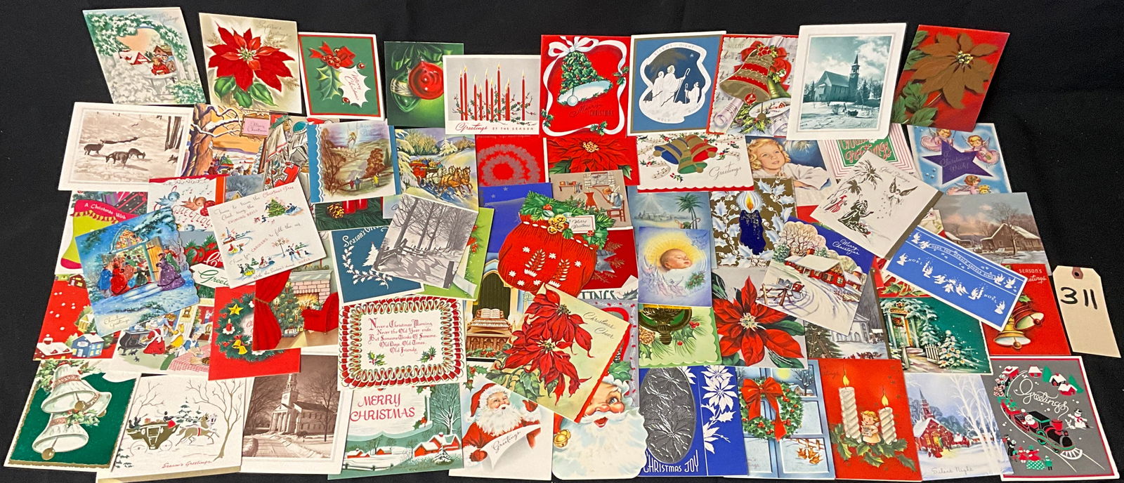 Vintage Mid-Century Christmas Greeting Cards, Collection of 60, Circa 1940s-1960s: This substantial collection includes approximately 60 vintage Christmas greeting cards dating from the 1940s through the 1960s. The assortment features classic mid-century holiday motifs such as