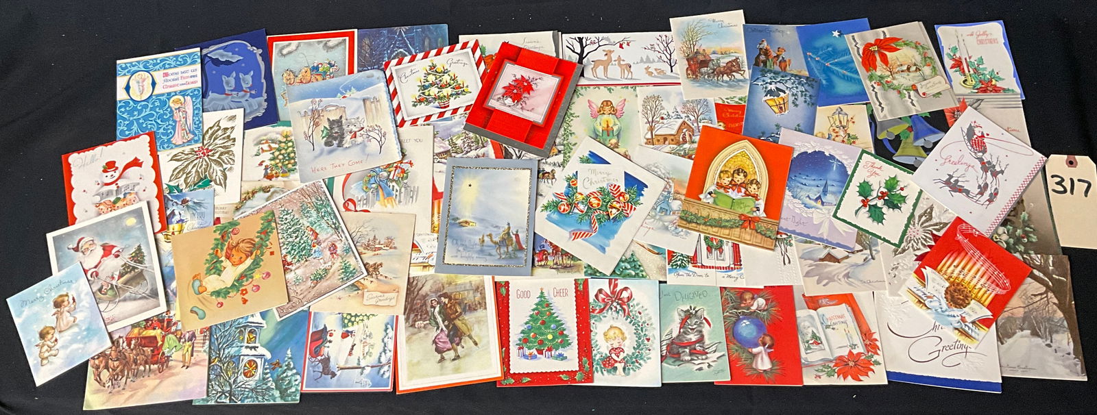 Vintage Christmas Greeting Cards, Large Ephemera Lot, Circa 1940s-1960s: This lot consists of a large collection of original mid-century Christmas greeting cards dating approximately from the 1940s through the 1960s. The assortment features a diverse range of holiday theme