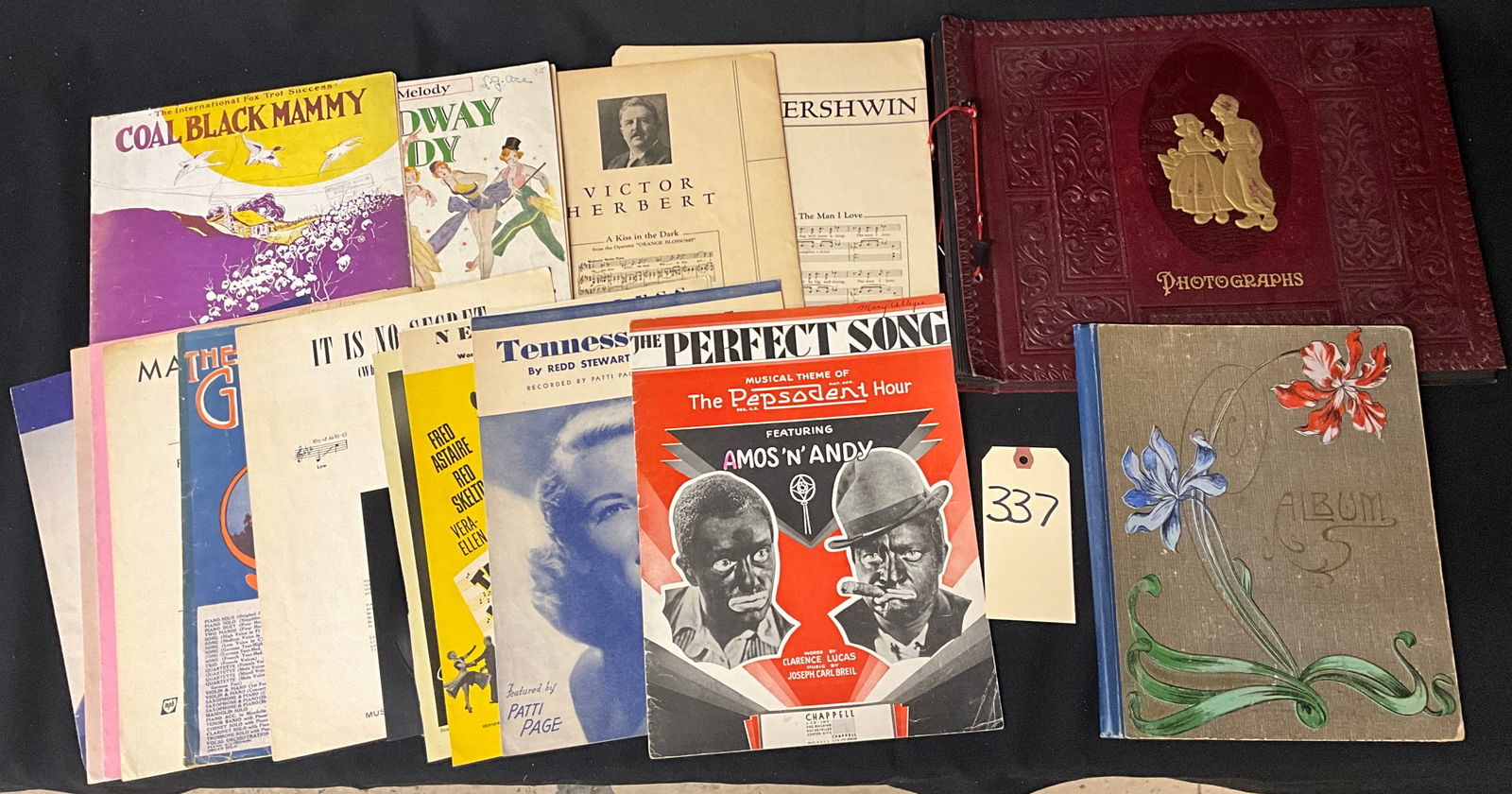 Popular Music and Photography Ephemera Collection, 1920s-1960s: This collection includes approximately 15 pieces of vintage sheet music and two unused photo albums spanning the 1920s to the 1960s. Featured titles include Coal Black Mammy, The Glow-Worm, Tennessee