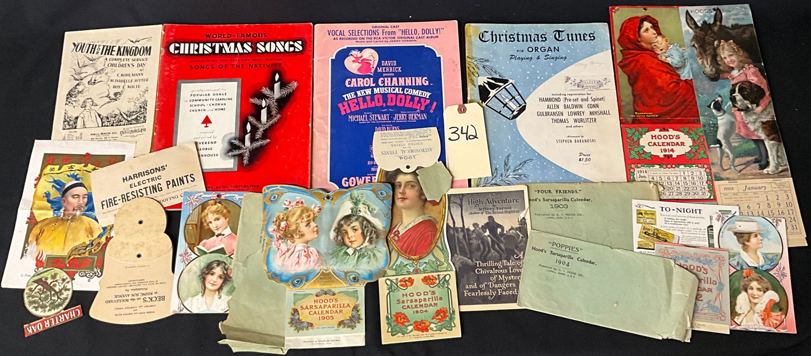 Vintage Advertising, Sheet Music, and Hoods Sarsaparilla Ephemera Collection, 1903-1964: This collection includes early to mid-20th-century ephemera featuring advertising, musical scores, and religious programs. Notable pieces include 1964 Hello, Dolly! vocal selections and a series of Vi