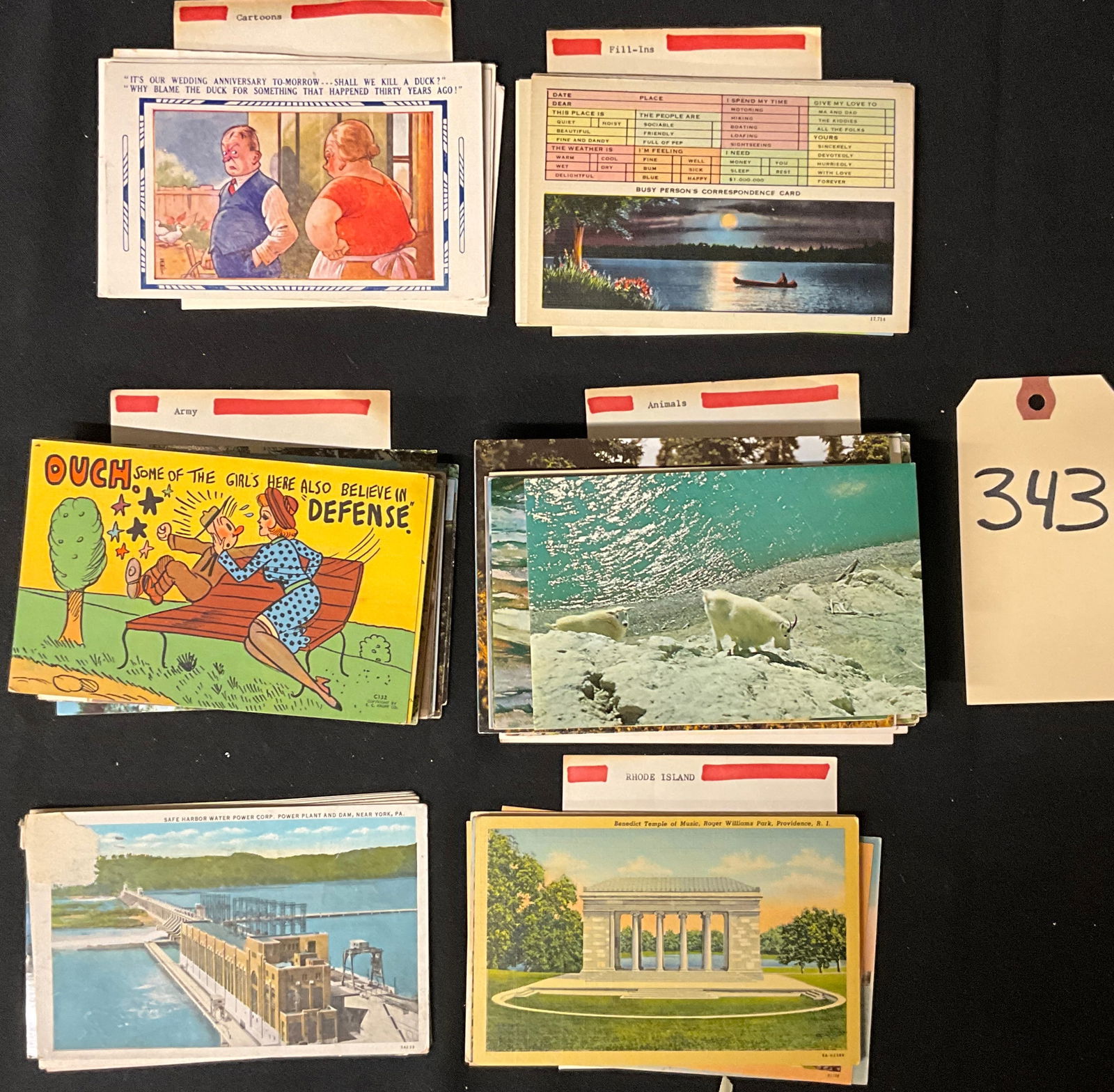 Mid-Century American Postcard Collection, Regional and Topical, circa 1930s-1960s: This large collection of printed linen and chrome era postcards dates primarily from the 1930s to the 1960s. It features regional views of York, Pennsylvania, and Rhode Island locations such as
