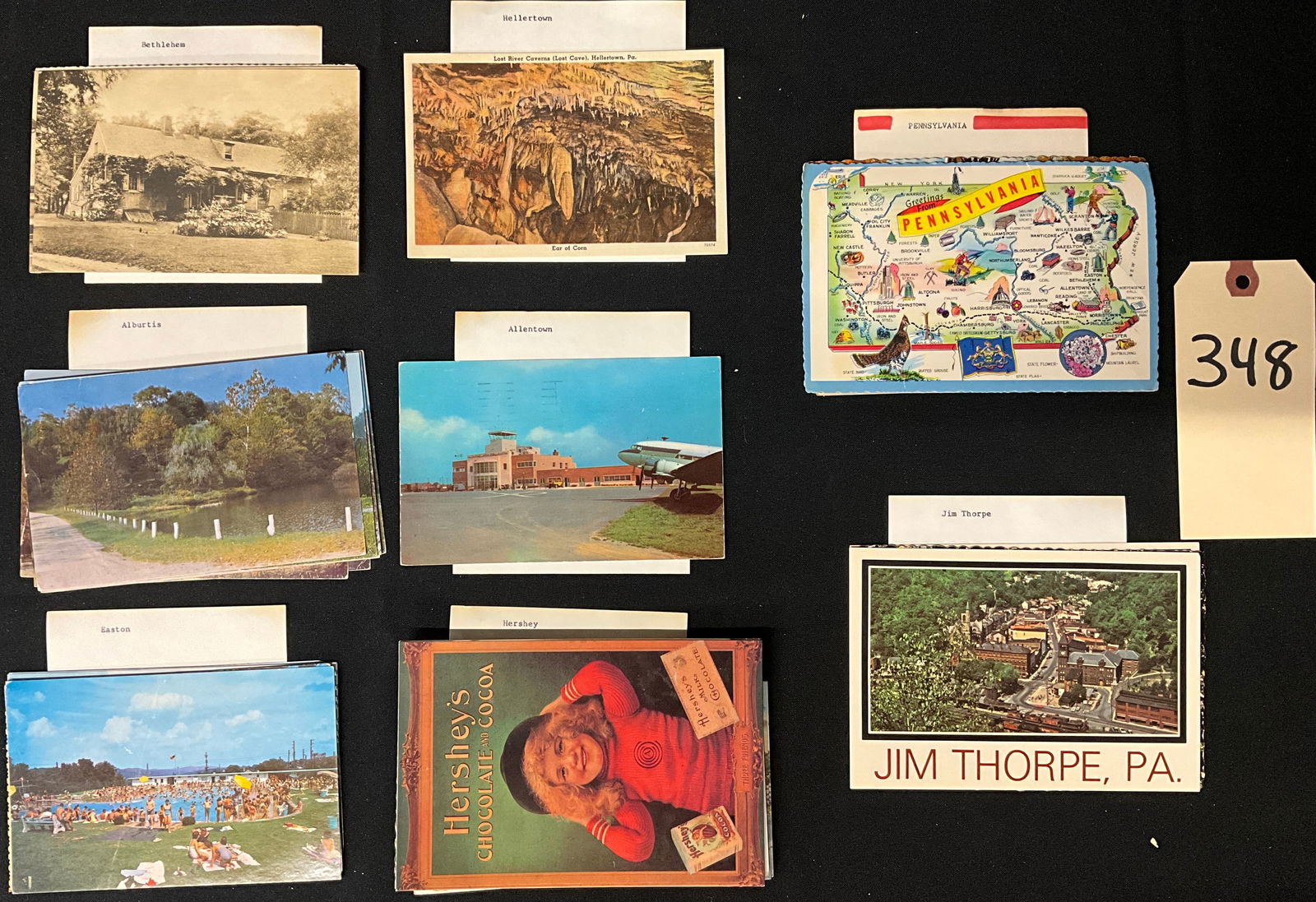 Eastern Pennsylvania Vintage Postcard Collection, c. 1930s-1970s: This collection of printed and linen-era postcards documents the geography and landmarks of Eastern Pennsylvania, including Bethlehem, Hershey, Alburtis, Allentown, Easton, Hellertown, and Jim