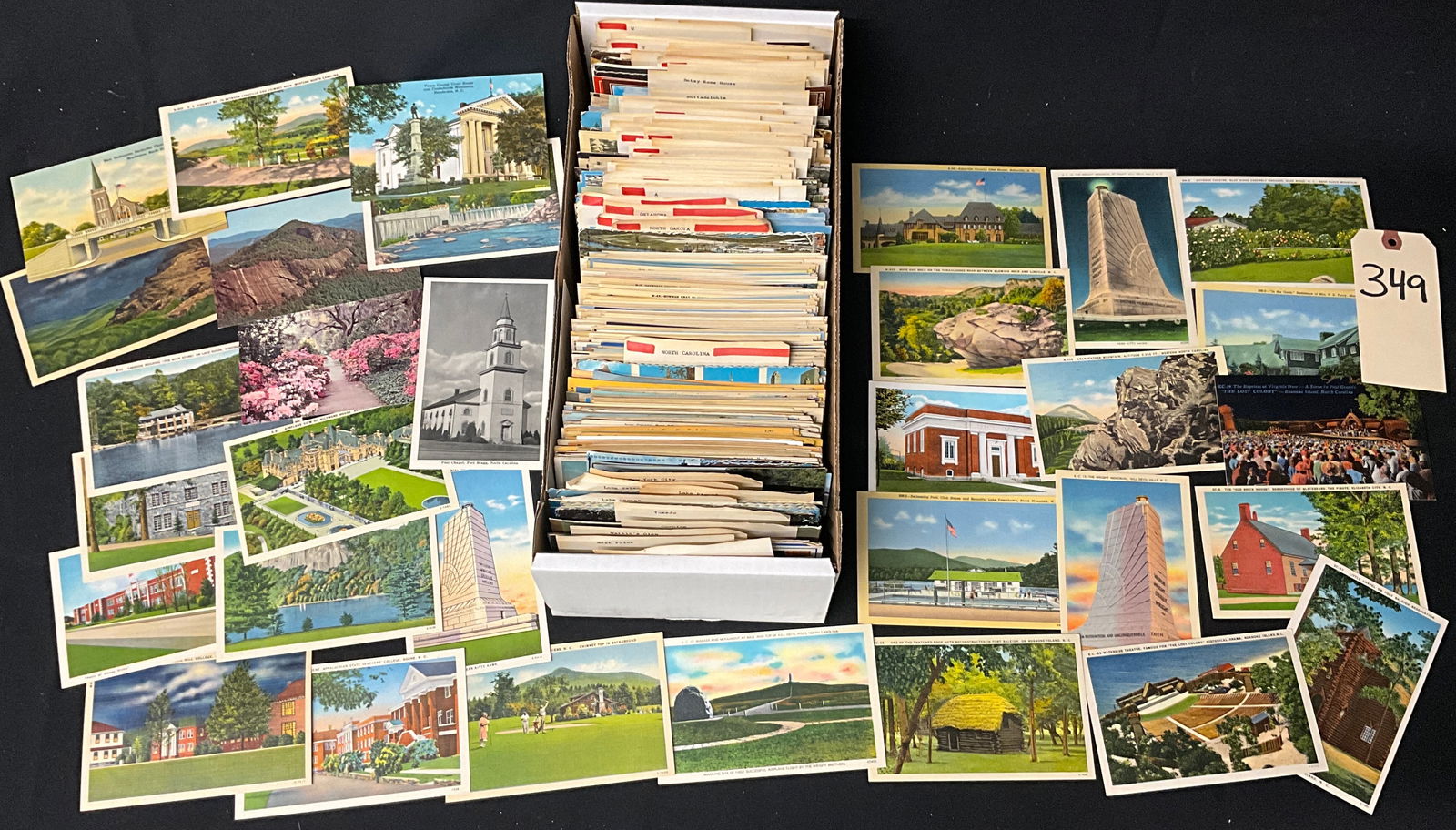 North American Landmark and Scenic Postcard Collection, Circa 1930s-1970s: This extensive archive of printed postcards features a significant concentration on North Carolina landmarks, including the Wright Brothers National Memorial, Biltmore House, and Grandfather