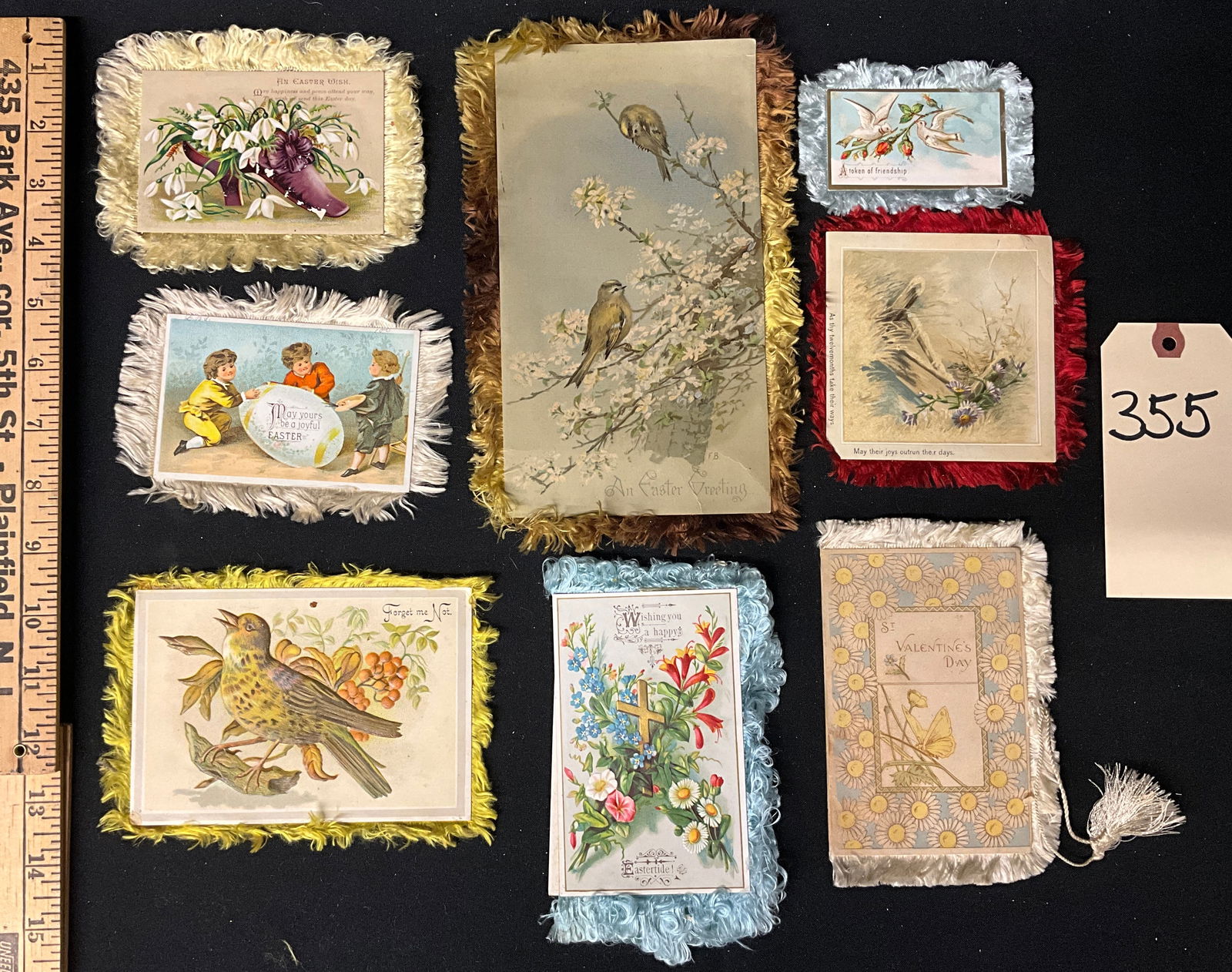 Victorian Silk-Fringed Greeting Card Collection: This collection features seven original late Victorian-era greeting cards crafted from chromolithographed cardstock with decorative silk and satin fringe. The set includes various themes such as