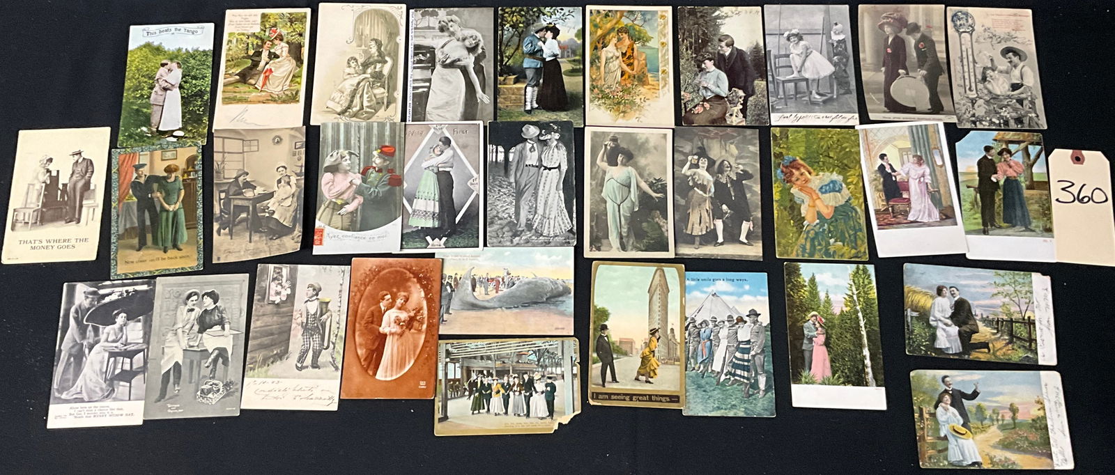 Early 20th Century Postcard Collection, RPPC and Lithographs: This collection features vintage postcards, including Real Photo Postcards and lithographic prints dating from 1903 to 1914. Notable historical subjects include an RPPC of a beached whale by H. B. Smi