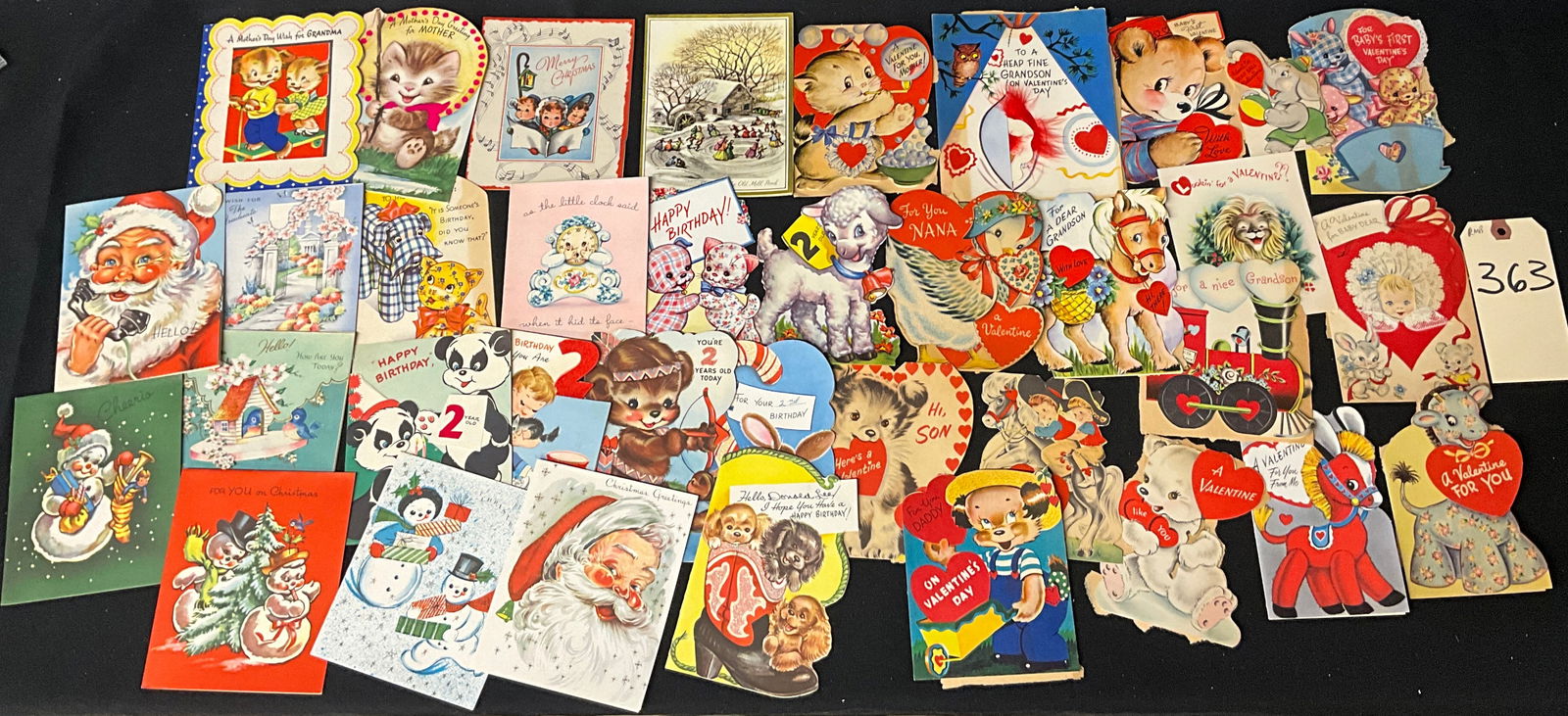 Mid-Century Anthropomorphic Greeting Card and Ephemera Collection: This lot features vintage greeting cards and paper ephemera items dating from the 1940s through the 1960s. The collection includes standard fold, die-cut, and mechanical cards showcasing the