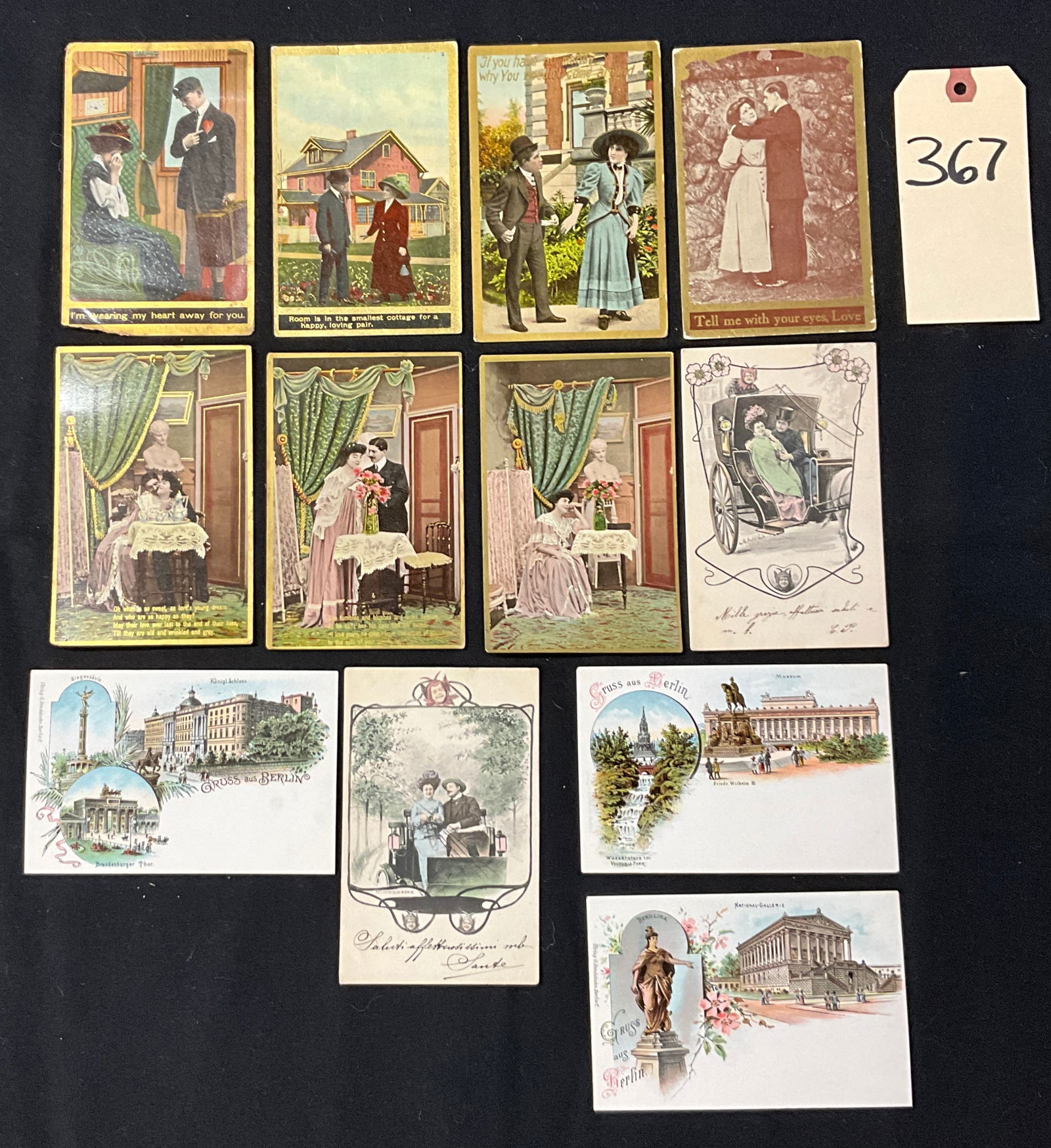 Romantic and Topographical Vintage Postcards: This collection of eleven vintage postcards features a mix of hand-tinted photographic romantic scenes and lithographic topographical views from the Golden Age of Postcards. The sentimental cards