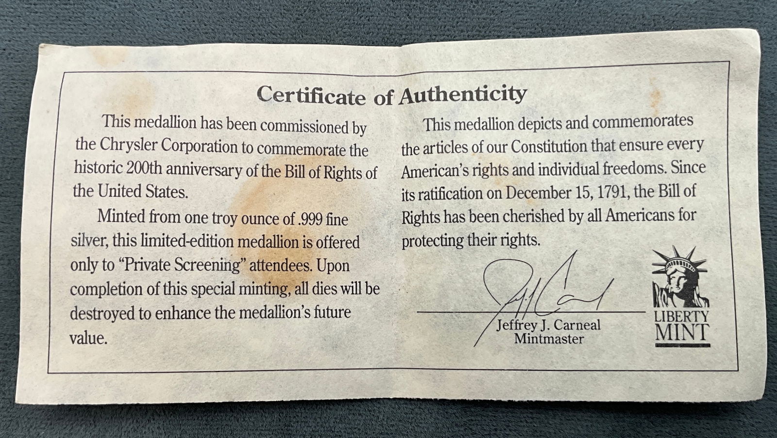 US 1991 Bill of Rights Bicentennial Medallion, Silver - 4