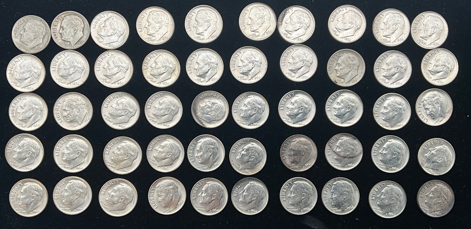 US 1946-1964 Roosevelt Dimes, 90% Silver, 50 PCS. - 2