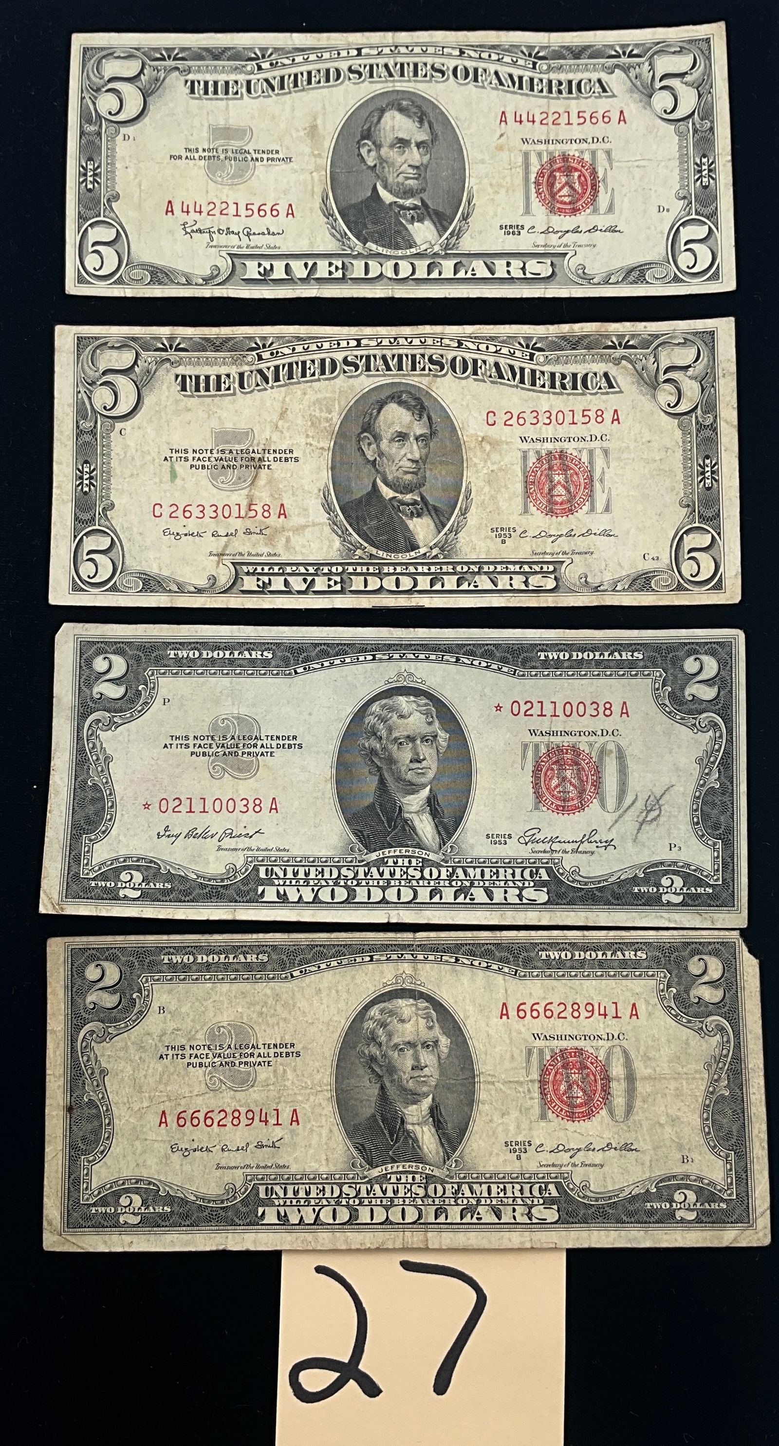 US 1953-1963 $2 and $5 Red Seal United States Notes, Paper (1 of 3)