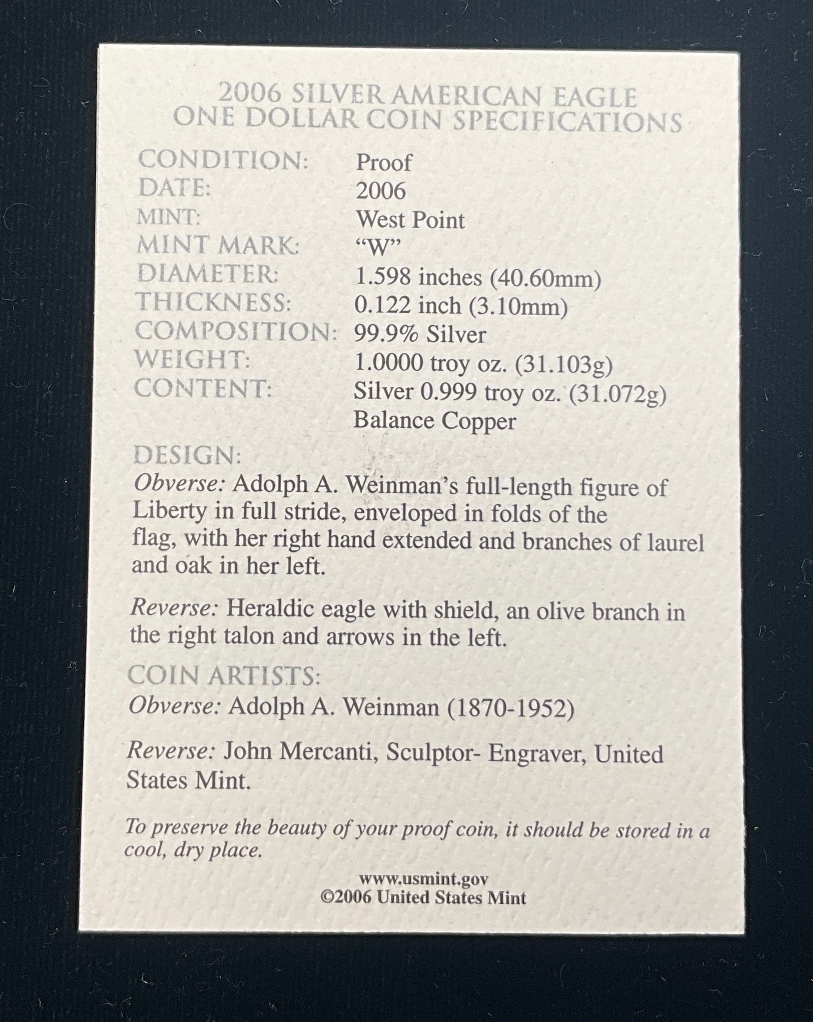 US 2006-W $1 American Silver Eagle, Silver, Proof - 2