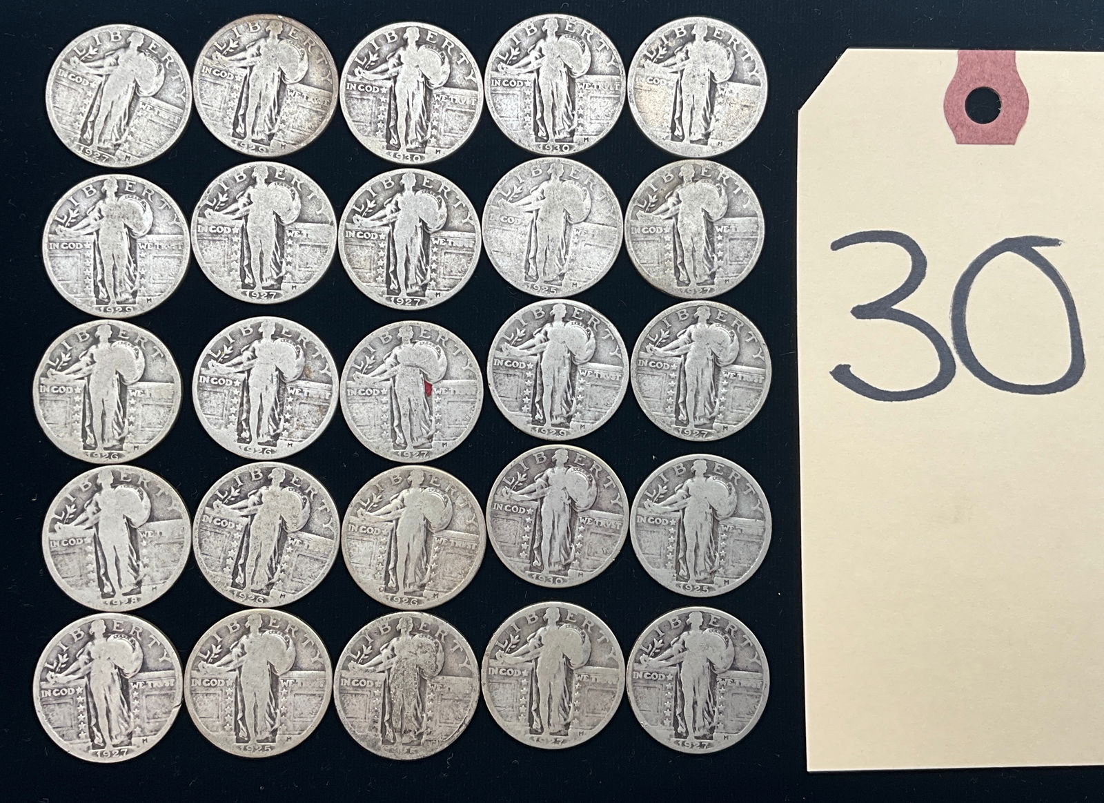 US 1925-1930 Standing Liberty Quarters, 90% Silver, KM-145, Lot of 30: KM-145. Designer: Hermon A. MacNeil. Mint marks: Philadelphia (no mark), Denver (D), and San Francisco (S) located to the left of the date. Design type: Standing Liberty obverse / Eagle reverse. Varie