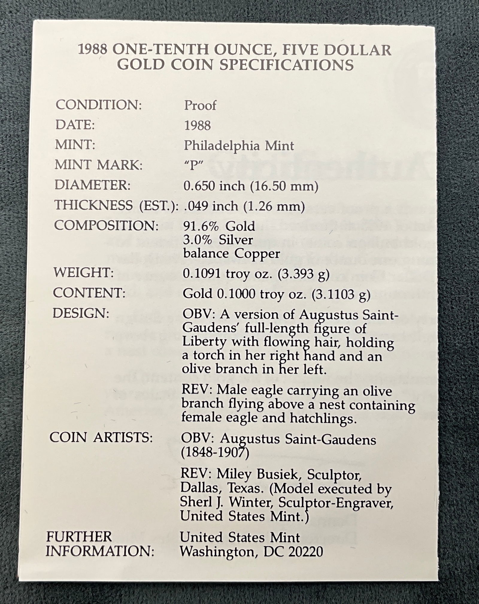 US 1988-P $5 Gold American Eagle, 1/10 oz Proof - 4