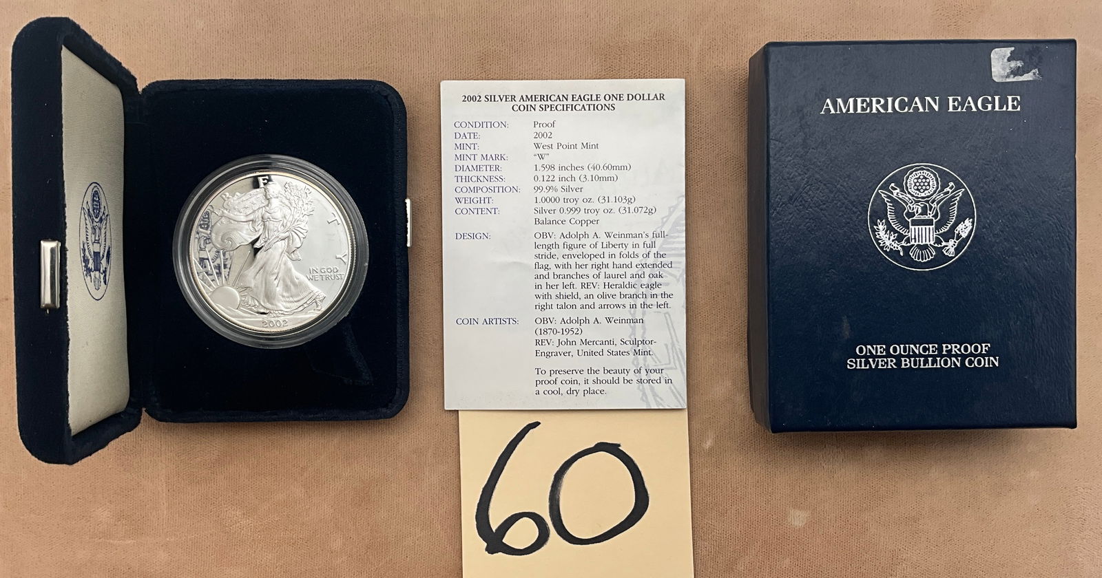 US 2002-W American Silver Eagle, .999 Silver, Proof: KM-273. Obverse designed by Adolph A. Weinman; reverse designed by John Mercanti. Struck in .999 fine silver at the West Point Mint with the W mint mark located on the reverse. Walking Liberty obverse