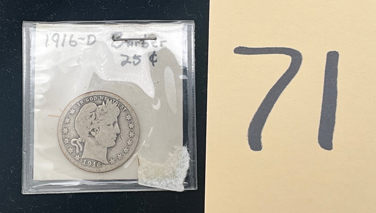 US 1916-D Barber Quarter, Silver, KM-114: KM-114. Designer: Charles E. Barber. Denver Mint. Barber obverse / Eagle reverse. Features the D mint mark on the reverse below the eagle tail. This issue represents the final year of production for