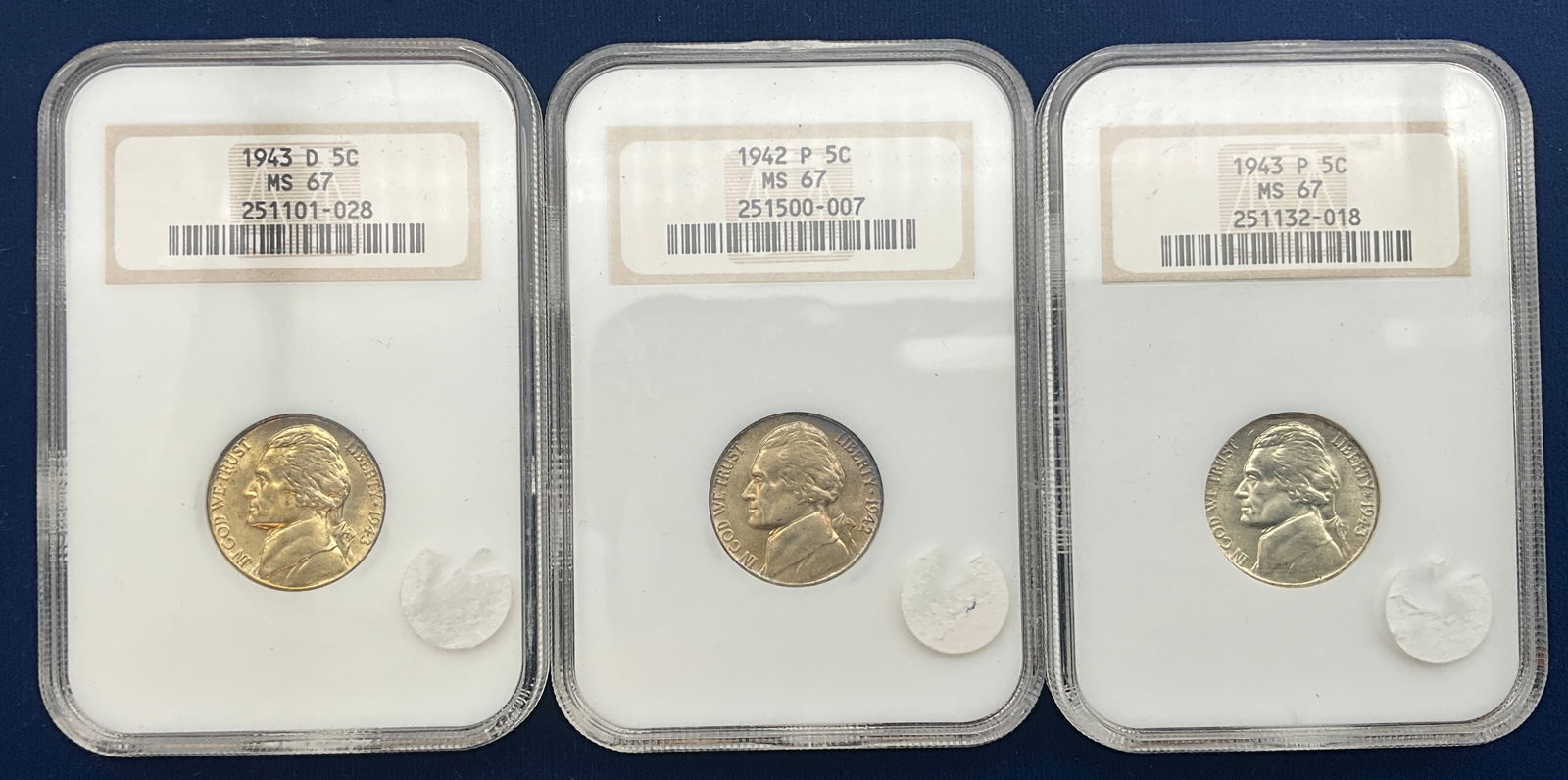 US 1942-1943 Jefferson Nickel Trio, Silver, KM-192a, NGC MS 67 - 2