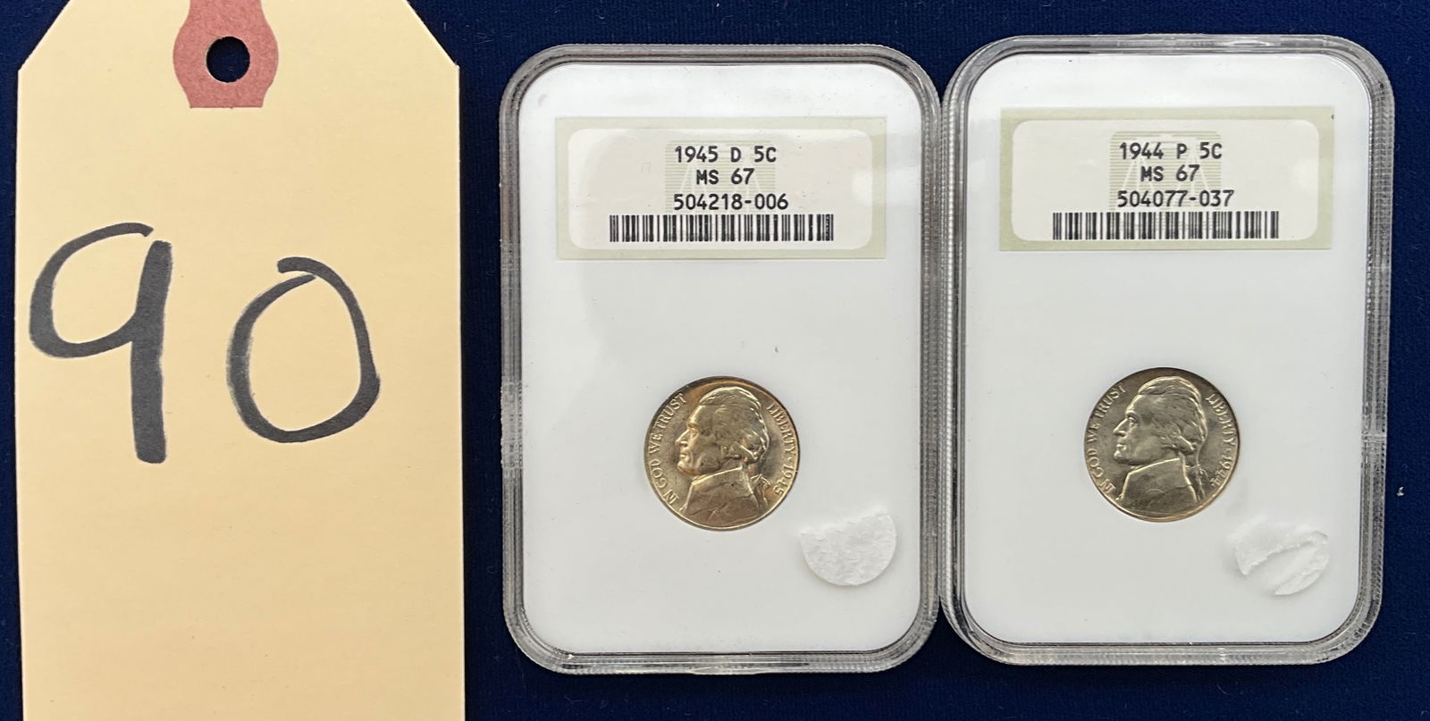 A Pair of US 1944-P and 1945-D Jefferson Nickels, Silver Alloy, NGC MS 67 (1 of 3)