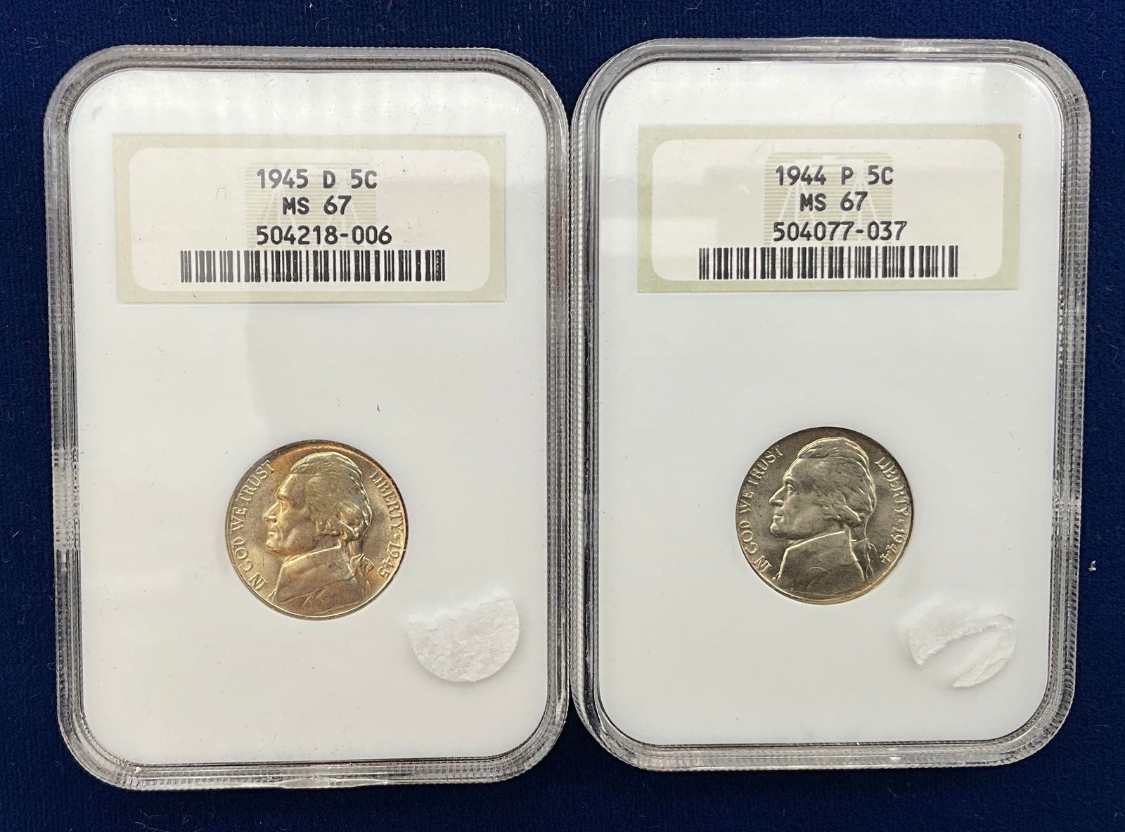 A Pair of US 1944-P and 1945-D Jefferson Nickels, Silver Alloy, NGC MS 67 - 2
