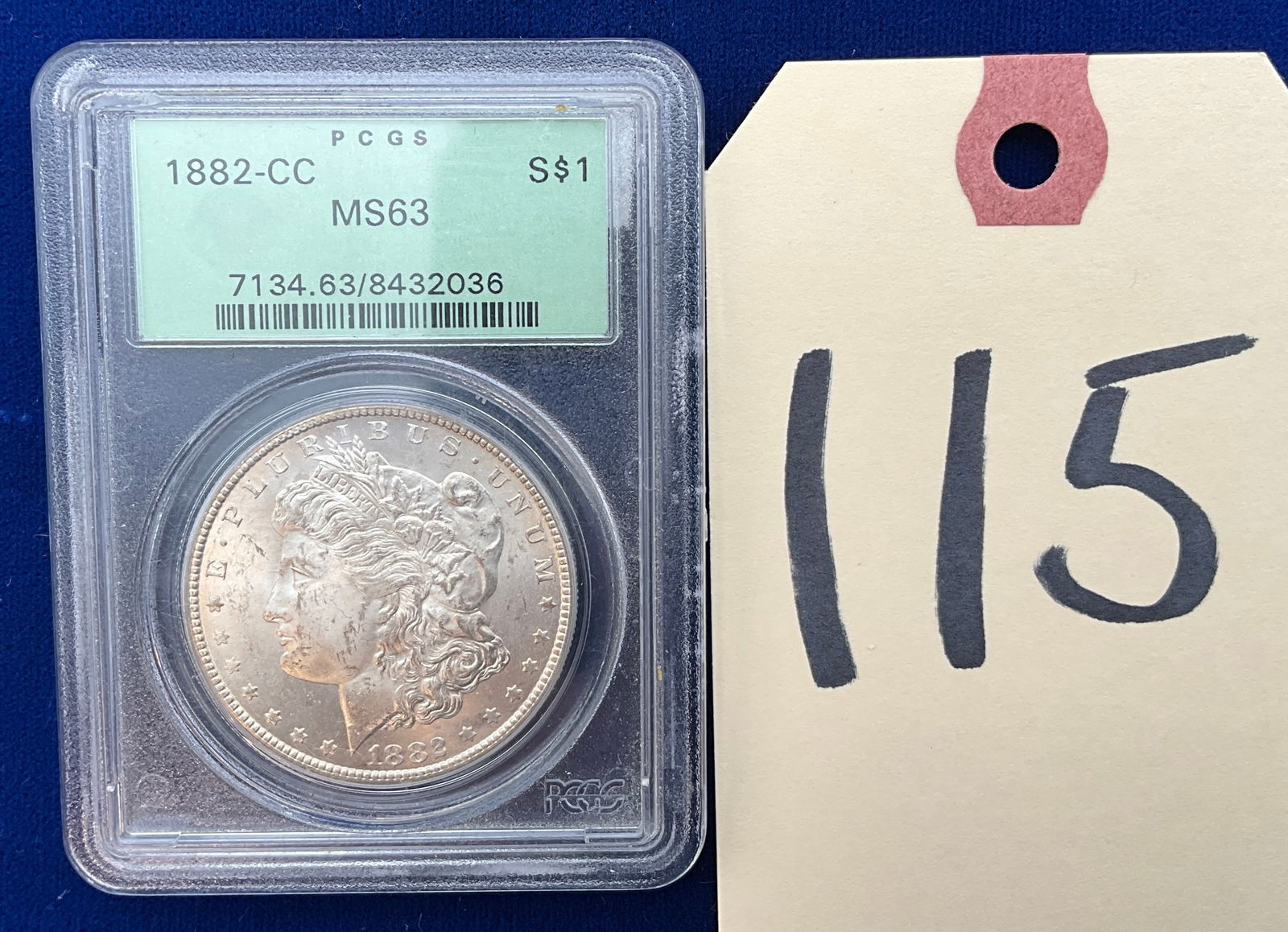 US 1882-CC Morgan Dollar, Silver, KM-110, PCGS MS63: KM-110. Designer: George T. Morgan. Mint mark: CC, Carson City. Morgan obverse / Eagle reverse. This 1882-CC Morgan silver dollar is a semi-key date with a mintage of 1,133,000. Metal:
