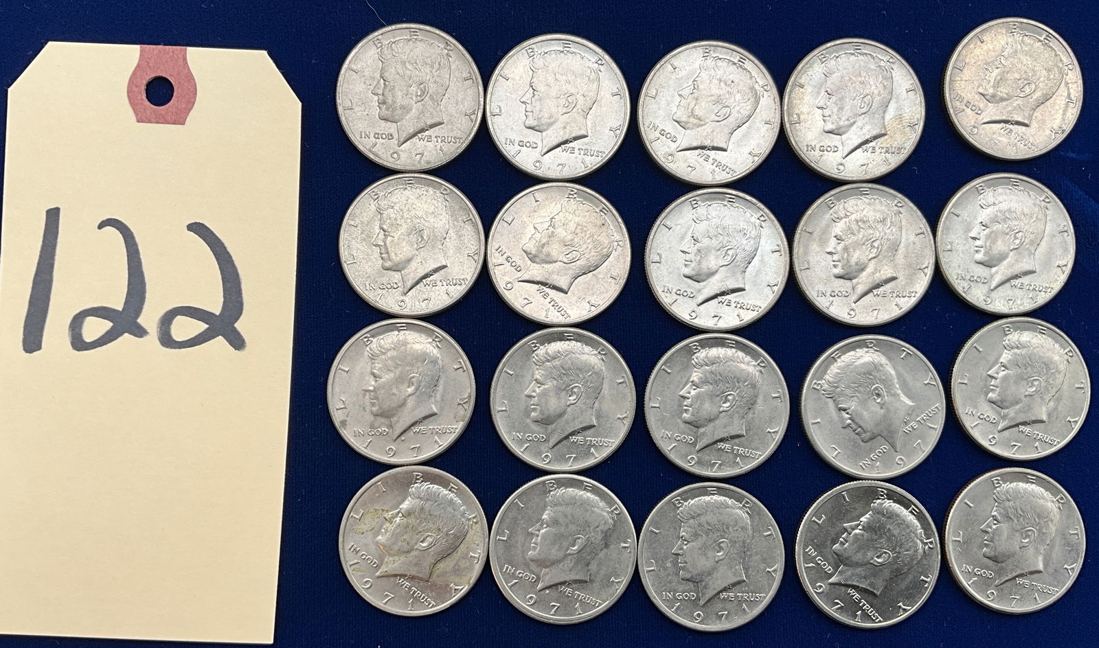US 1971 Kennedy Half Dollars, Copper-Nickel Clad, KM-202b: KM-202b. Designer: Gilroy Roberts and Frank Gasparro. Kennedy obverse / Eagle reverse. This collection of US Kennedy half dollars includes both Philadelphia and Denver mint marks. The metal compositio