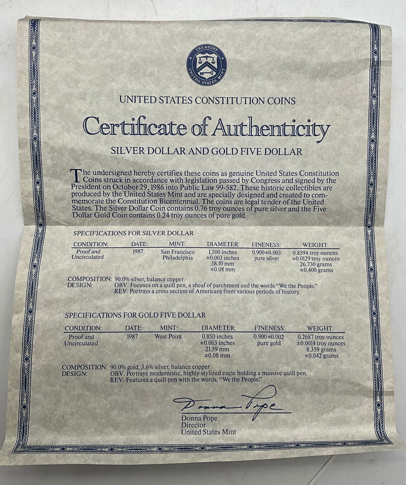 US 1987 Constitution Bicentennial 4-Coin Set, Gold and Silver, KM-220/221 - 4