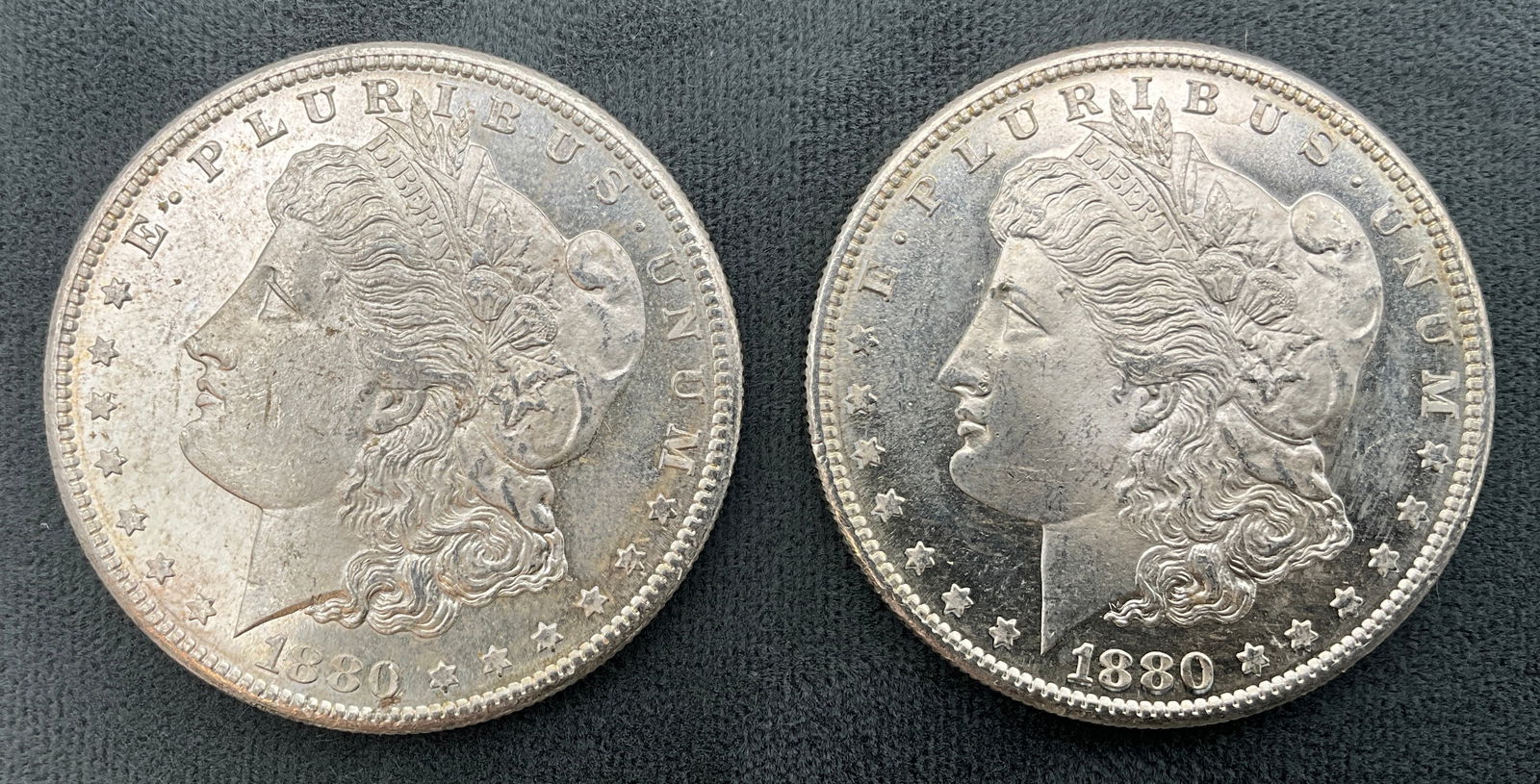 A Pair of US 1880-S Morgan Silver Dollars, KM-110 - 2