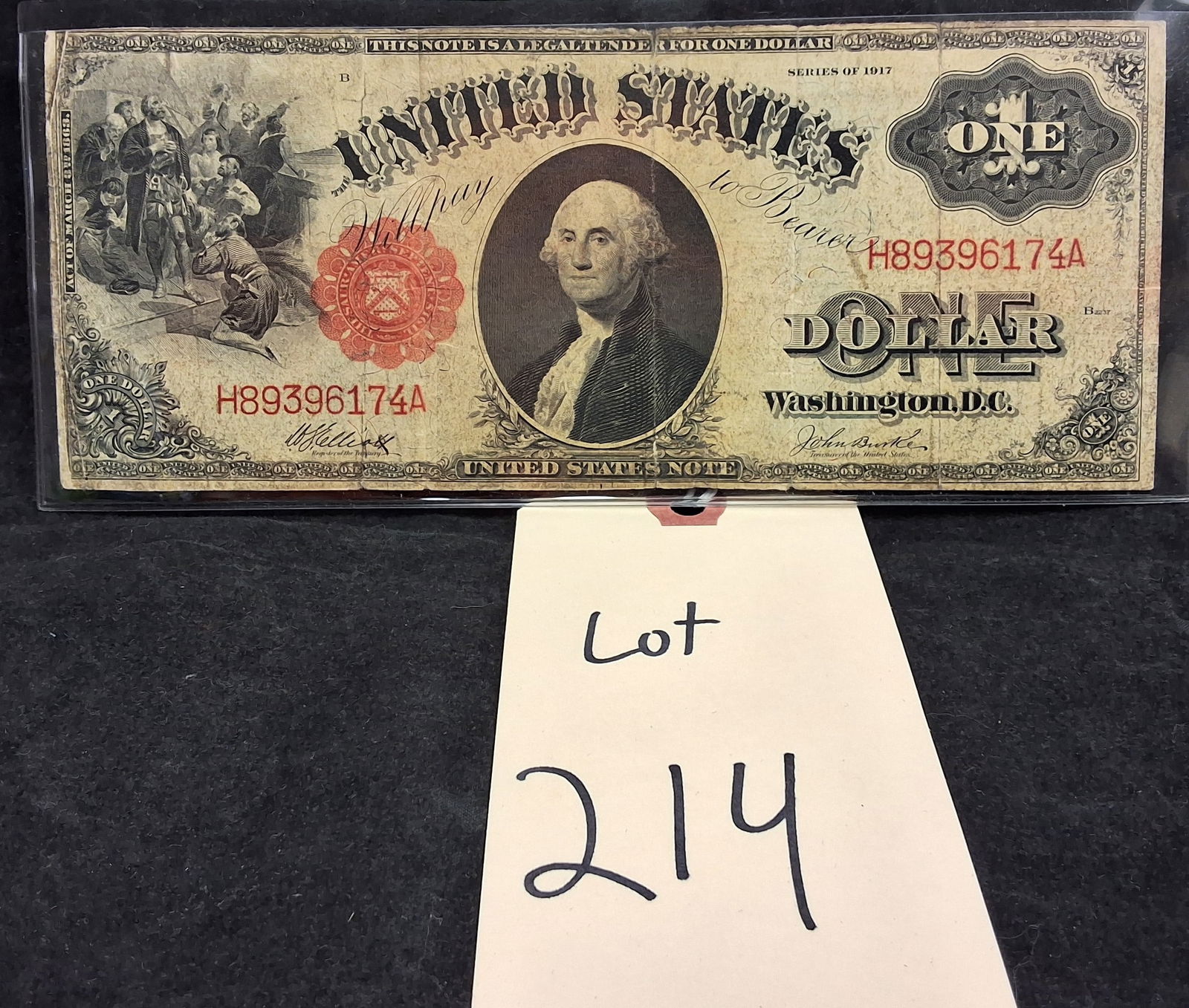 US $1 1917 Legal Tender Note, Fr-39, VG: Friedberg 39. Series of 1917 $1 Legal Tender Note. Serial number H89396174A. Signatures of W.S. Elliott and John Burke. Features a central portrait of George Washington and a vignette of Christopher C