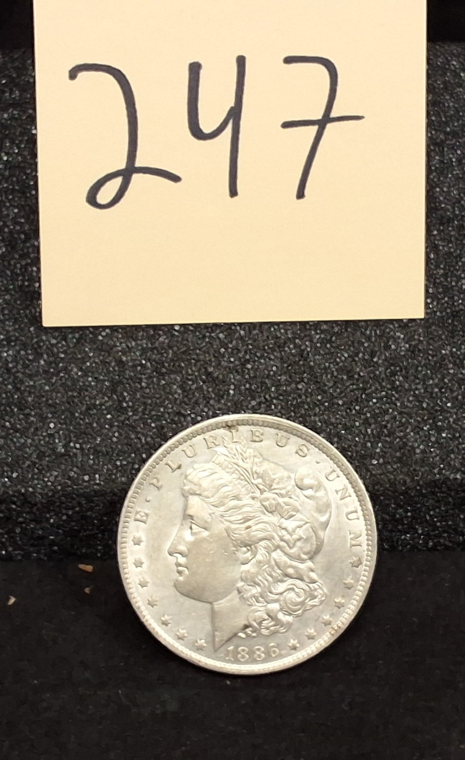 US 1886-O Morgan Silver Dollar, Silver, KM-110: KM-110. Designer: George T. Morgan. Mint mark O, New Orleans Mint. Liberty Head / Eagle reverse. The 1886-O issue is noted for typically possessing a flat strike and lackluster surfaces compared to ot