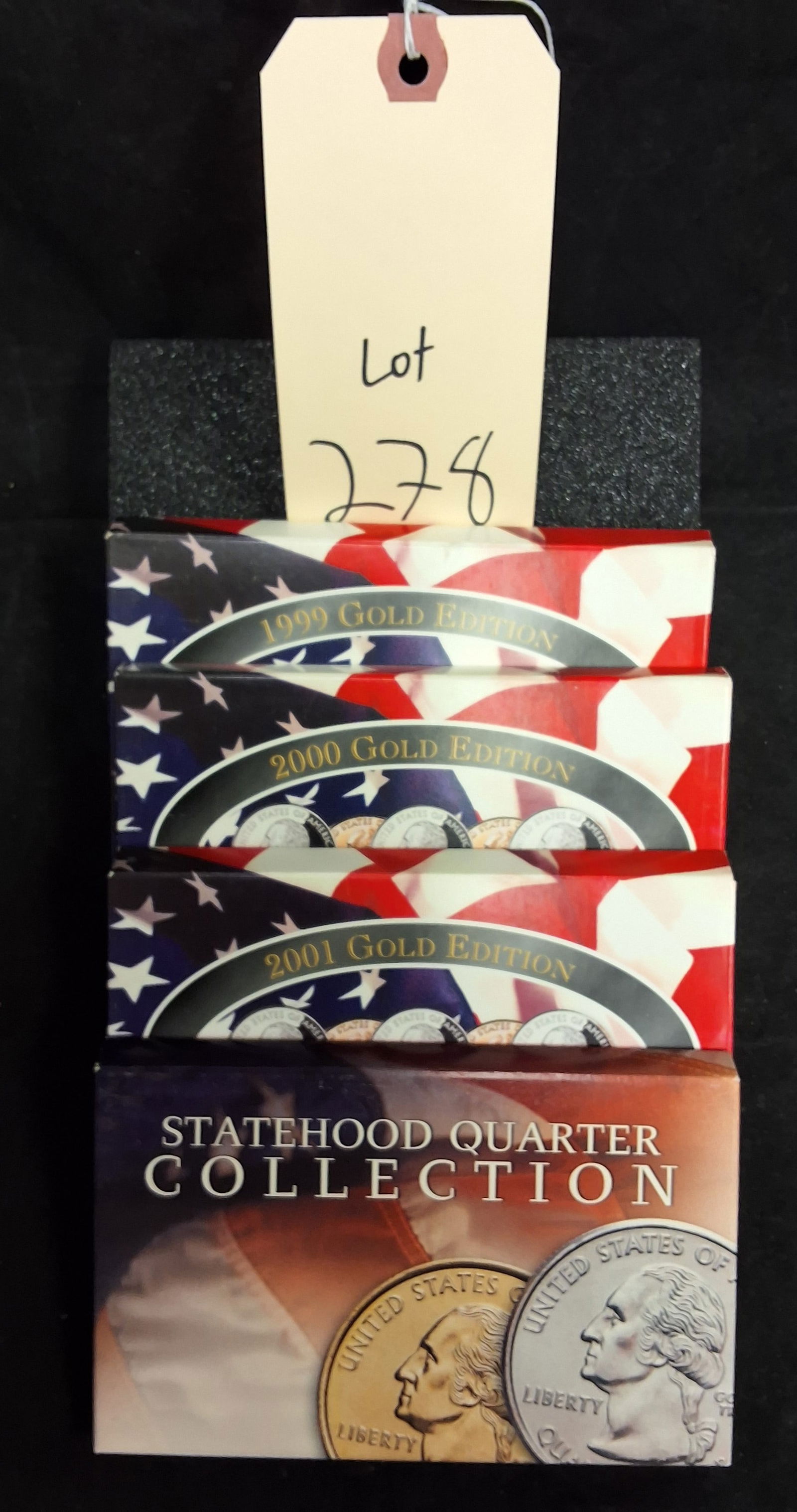 US 1999-2001 Quarter Dollar, 24k Gold Layered: A Trio of 5-coin sets from the United States Statehood Quarter series, covering the years 1999, 2000, and 2001. These are aftermarket numismatic items featuring standard copper-nickel clad business