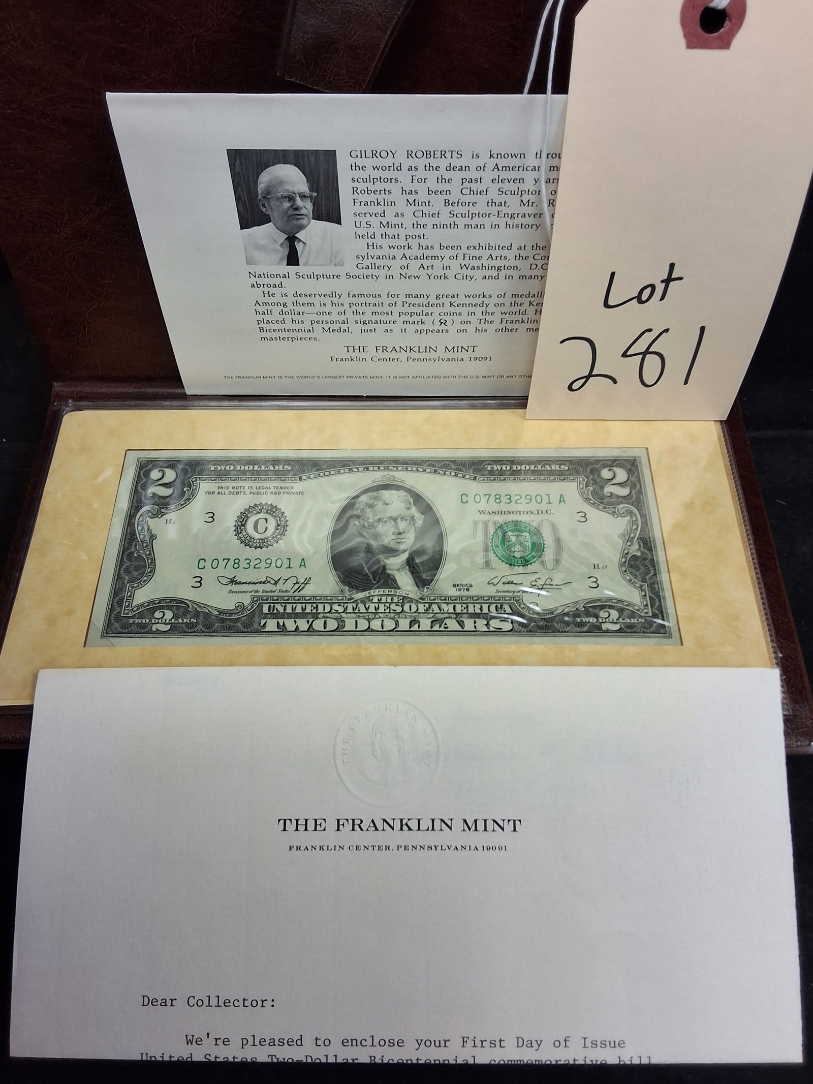 US $2 1976 Federal Reserve Note, Philadelphia, Uncirculated: Fr. 1935-C. Series 1976. Serial number C 07832901 A. Signatures of Francine I. Neff and William E. Simon. Philadelphia district (C). Face plate H1, back plate H17. Green Treasury seal and serial