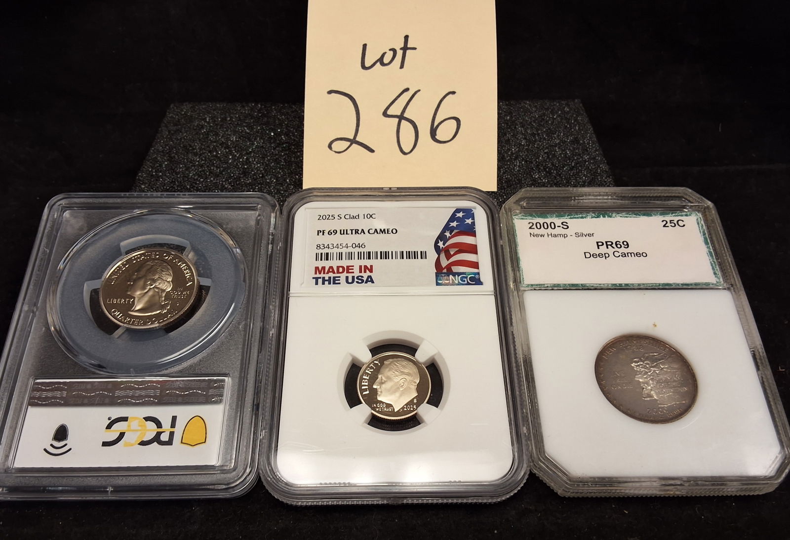 US 2000-2025 Trio of Proof Coins, Silver and Clad, PR69: Item 1: KM 311a. Designer: John Flanagan / William Cousins. Mint mark: S (San Francisco). Design type: Washington / Old Man of the Mountain. PCI PR69 Deep Cameo, Serial 115000016. Item 2: KM 195.
