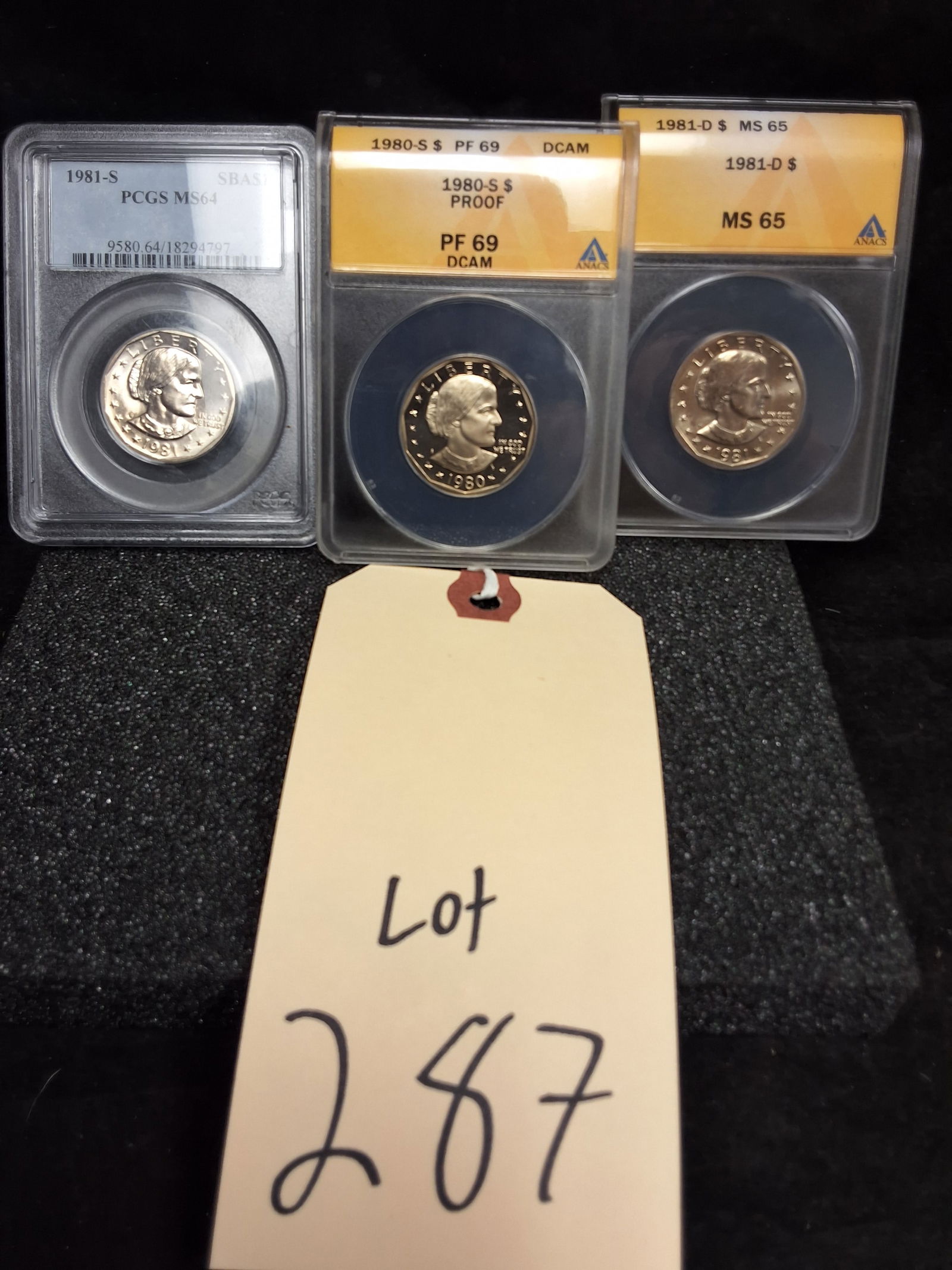 US 1980-1981 Susan B. Anthony Dollars, A Trio of, KM-207, MS64-PF69 DCAM: KM-207. Designer: Frank Gasparro. Mint marks: S (San Francisco) and D (Denver). Design type: Susan B. Anthony / Eagle. The 1981-dated coins were produced in limited quantities primarily for inclusion