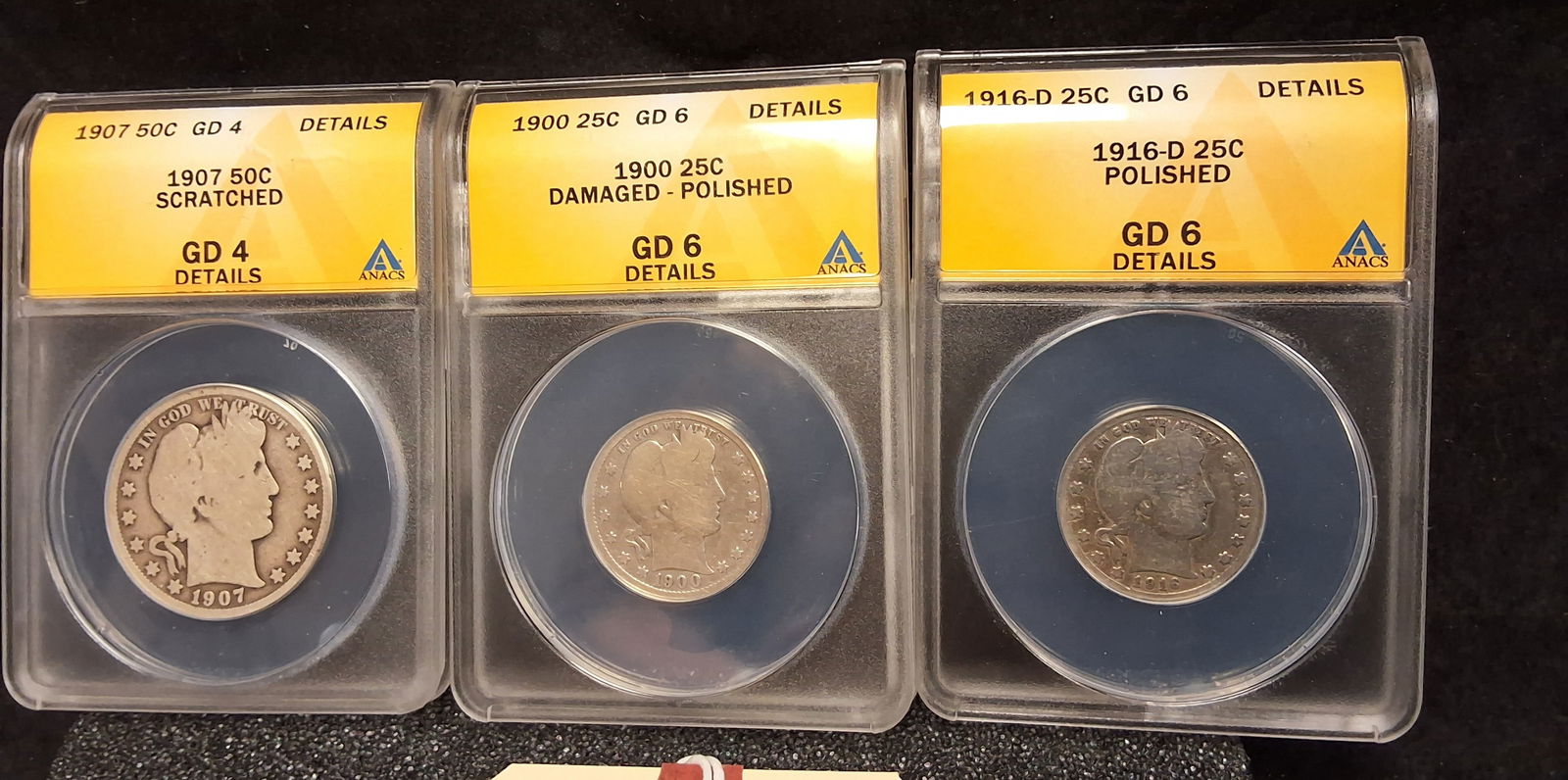 A Trio of US 1900-1916 Barber Silver Coins, ANACS GD Details - 2